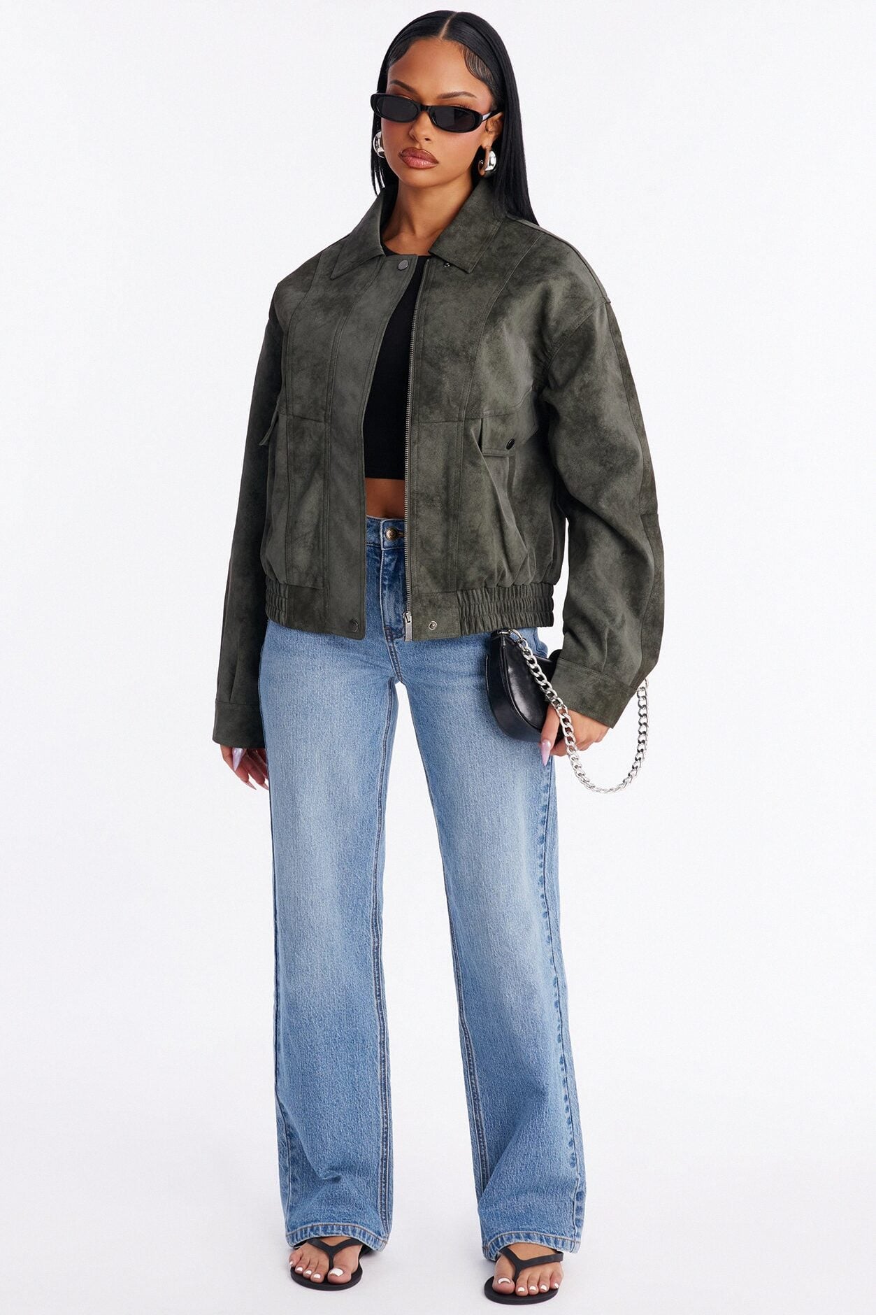 Corey Washed Faux Leather Bomber Jacket - Olive image 1