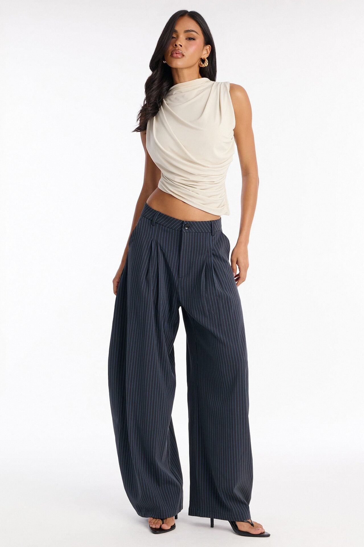 Run This Office Pinstripe Barrel Leg Pant 33″ - Navy image 1