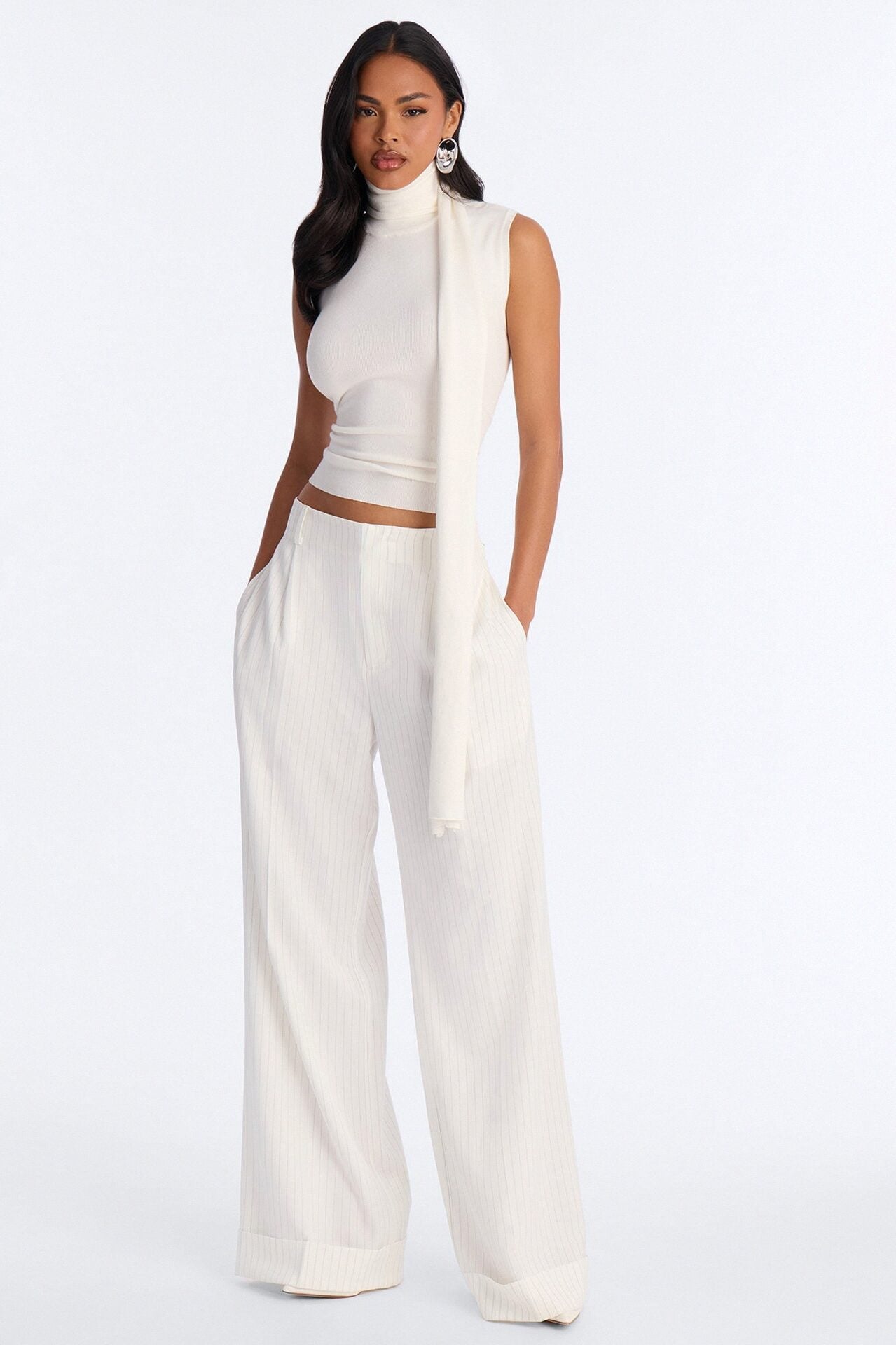 Pinstripes And Attitude Hardware Crepe Trouser Pant 33″ - White image 1