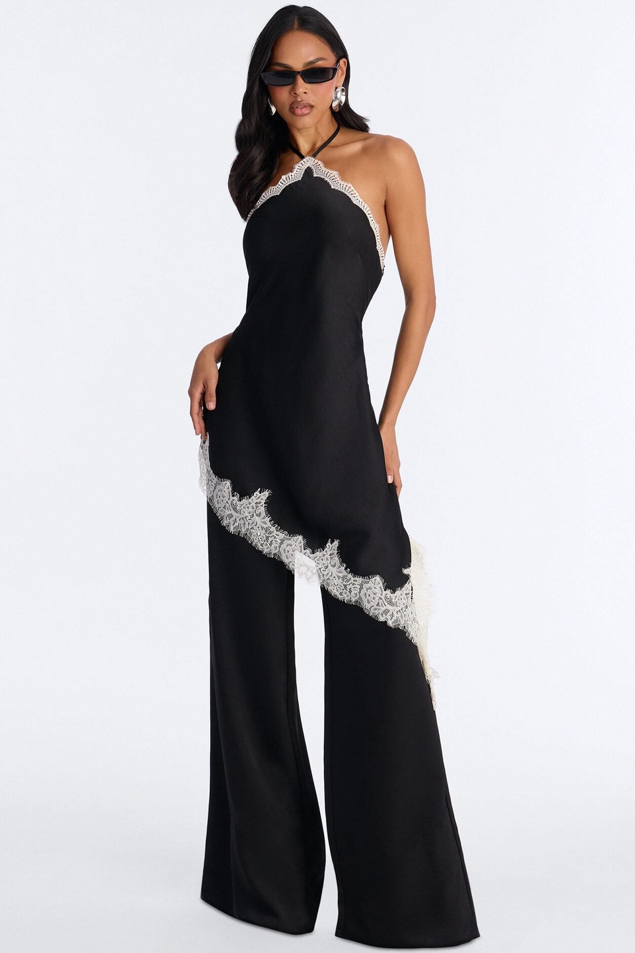 Bella Rose Draped Lace Trim Jumpsuit - Black image 1