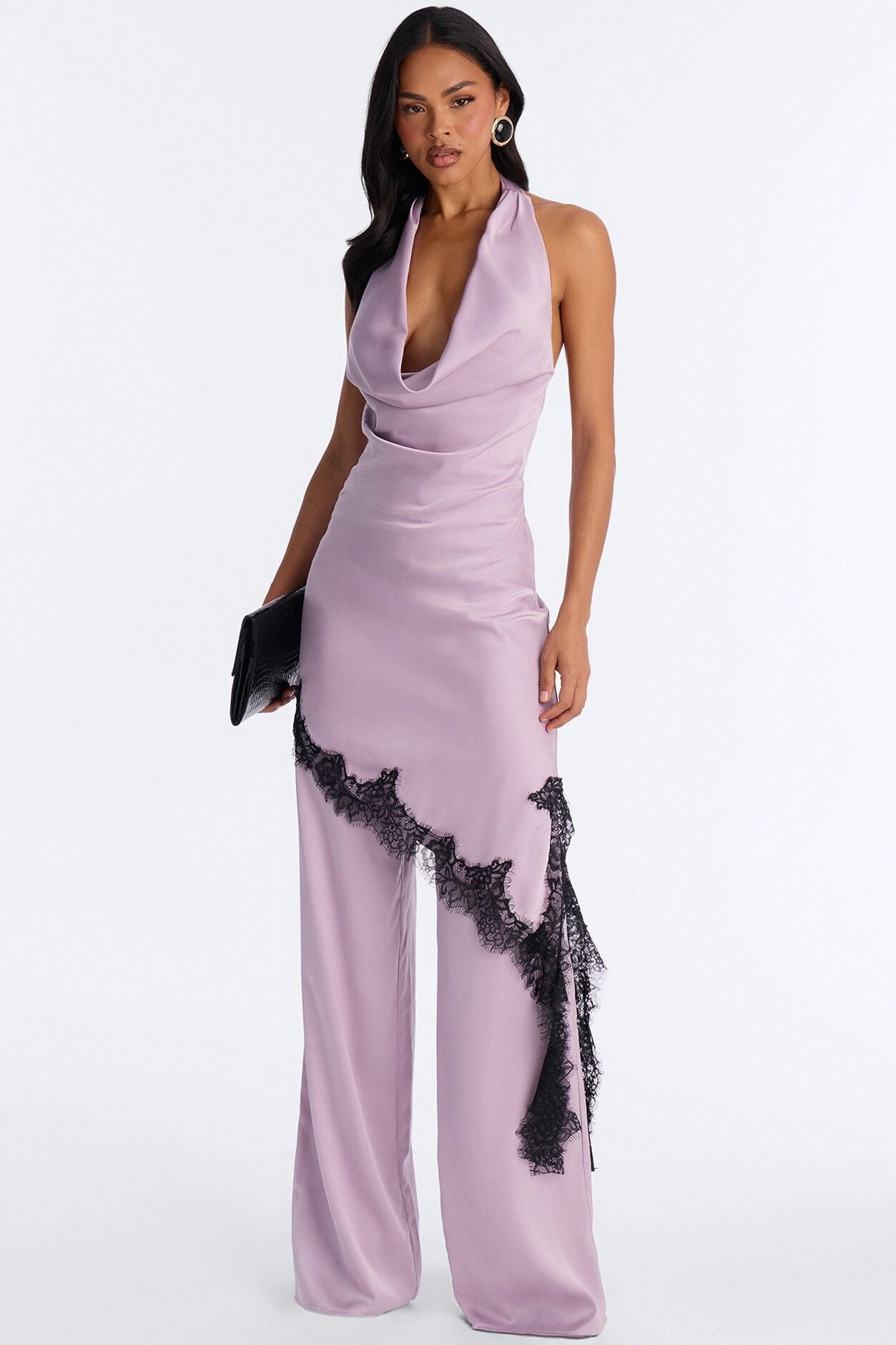 Ariana Asymetrical Lace Trim Satin Jumpsuit - Lavender image 1