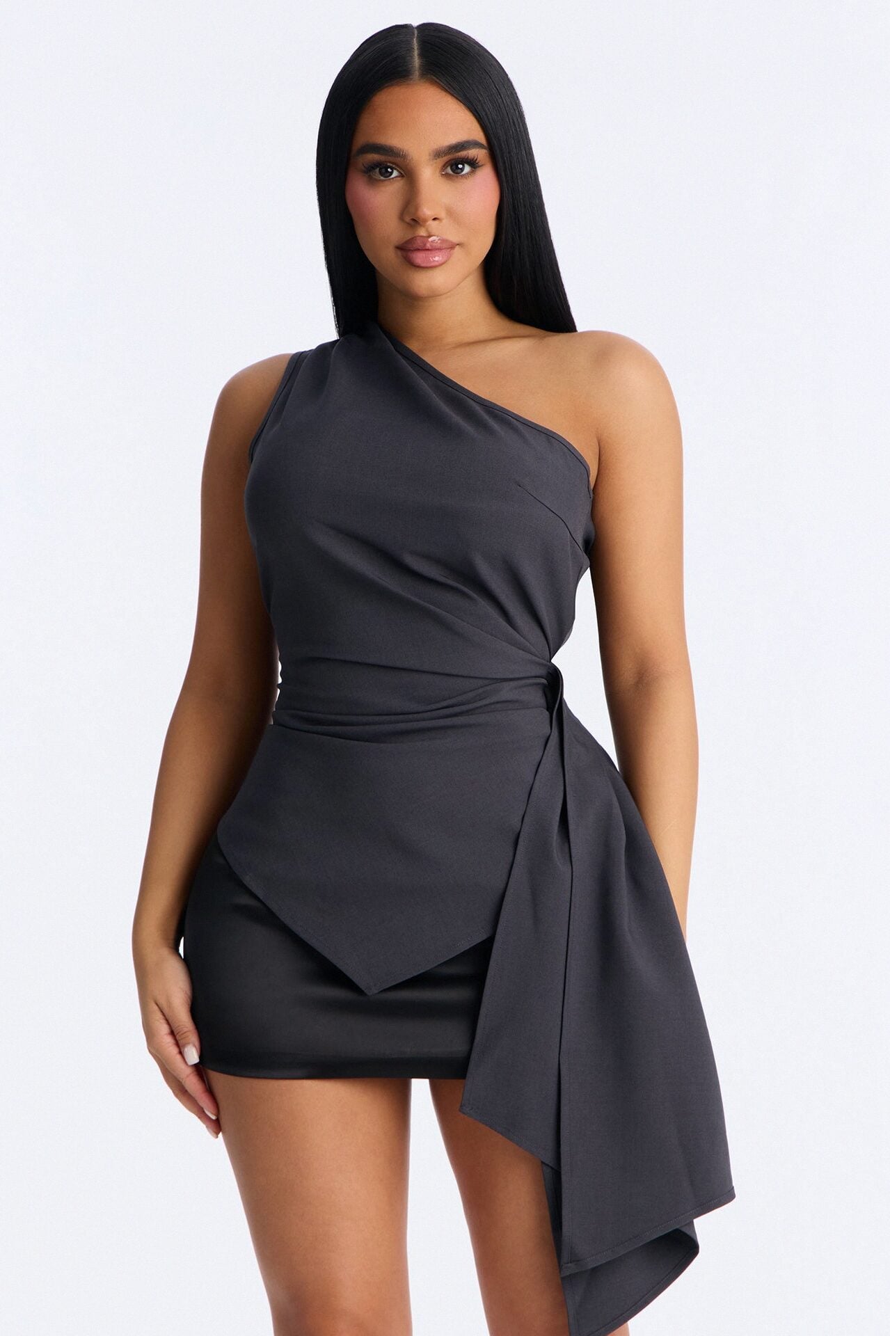 Muse In Motion One Shoulder Draped Top - Charcoal image 1