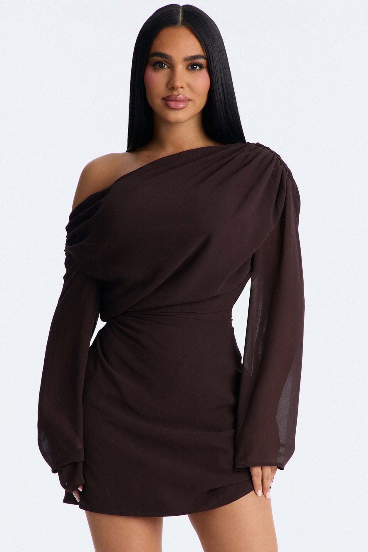 Kennedy Long Sleeve Chiffon Mini Dress - Chocolate image 1