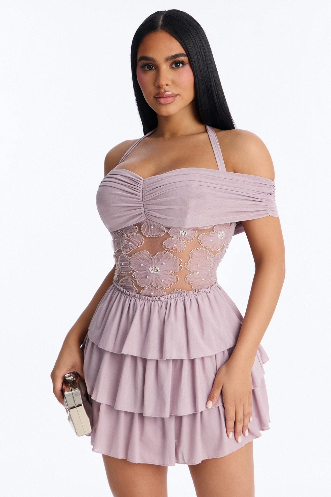 Remi Ruffle Beaded Mesh Mini Dress - Mauve image 1
