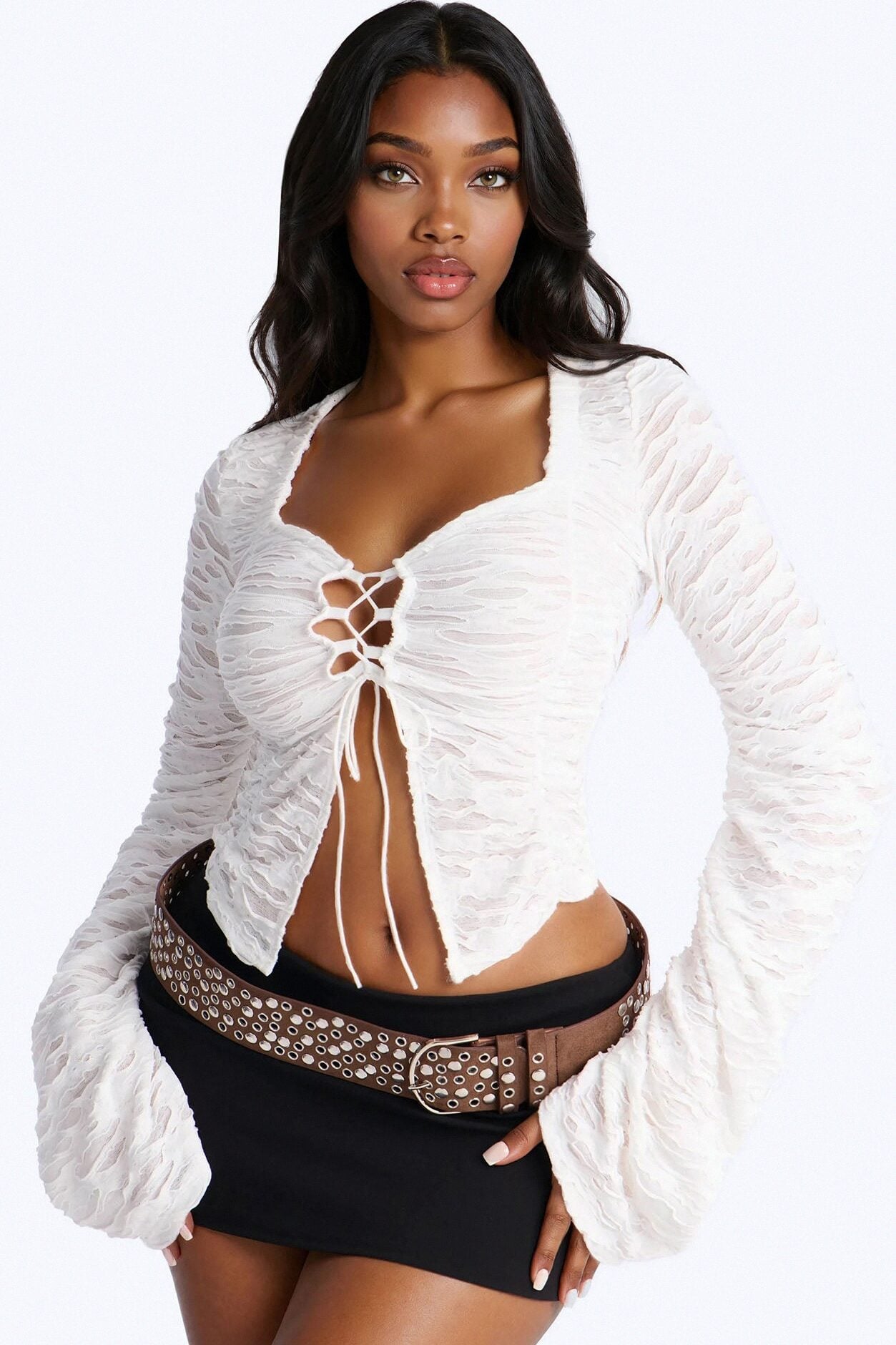 Tiana Textured Lace Up Long Sleeve Flyaway Top - White image 1