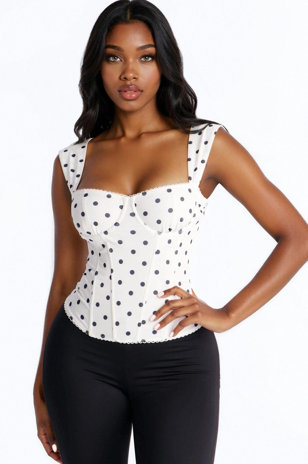 Carina Mesh Square Neck Polka Dot Corset Top - Off White/combo image 1