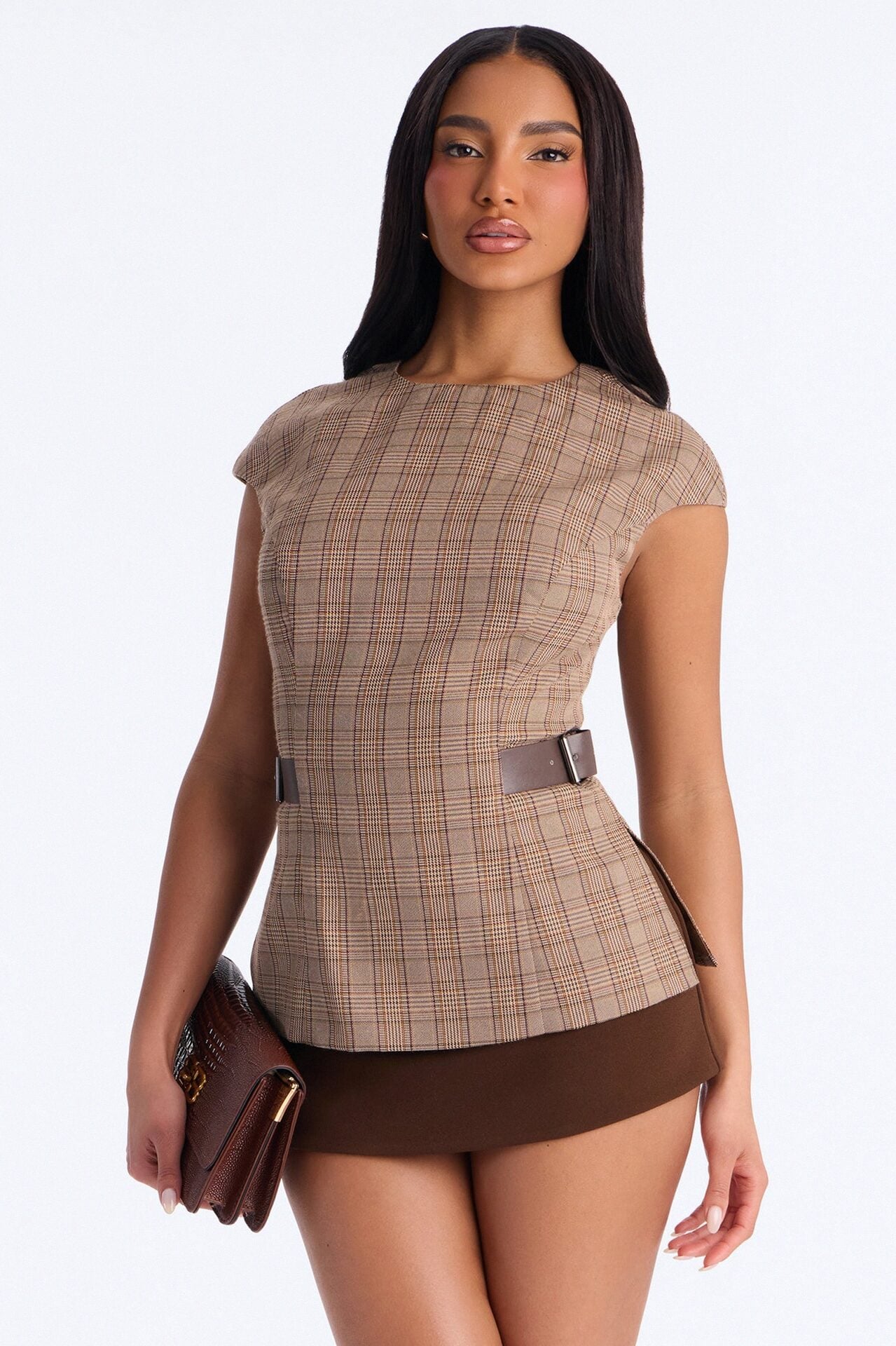 She's The Standard Belted Plaid Top - Taupe/combo image 1