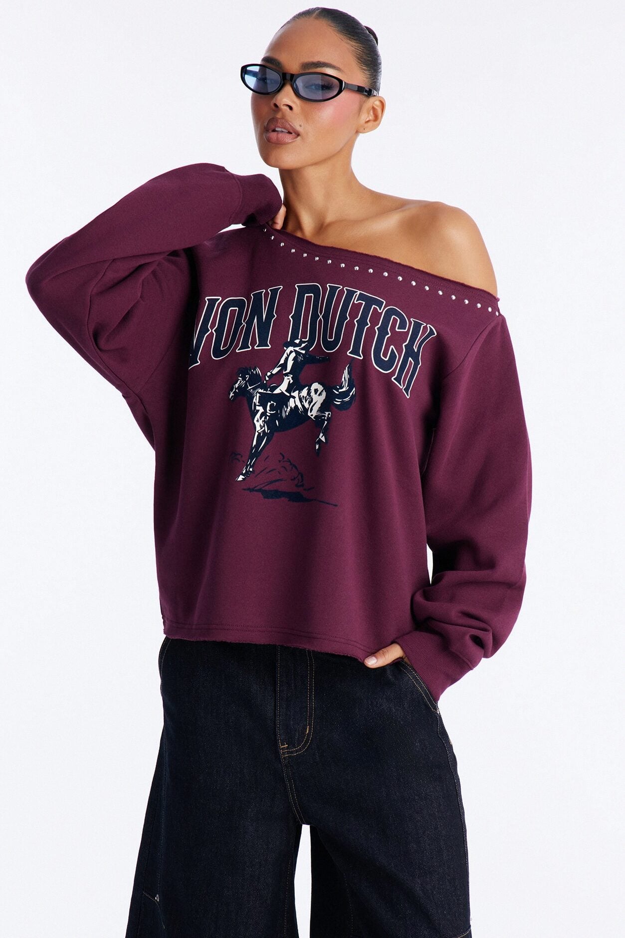 Von Dutch Western Heart Off Shoulder Studded Sweatshirt - Burgundy image 1