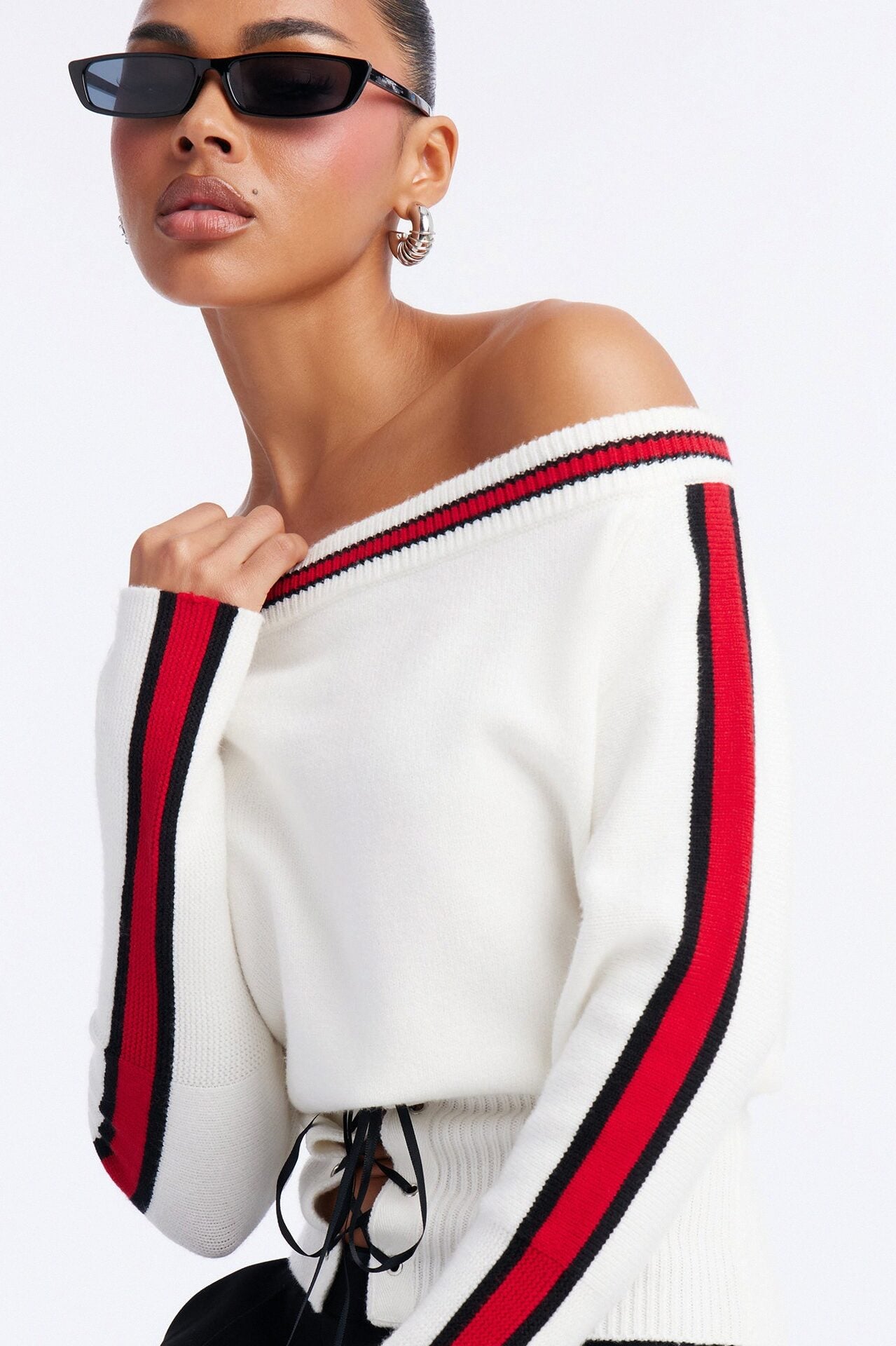 All You Need Off Shoulder Lace Up Sweater Top - White/combo image 1