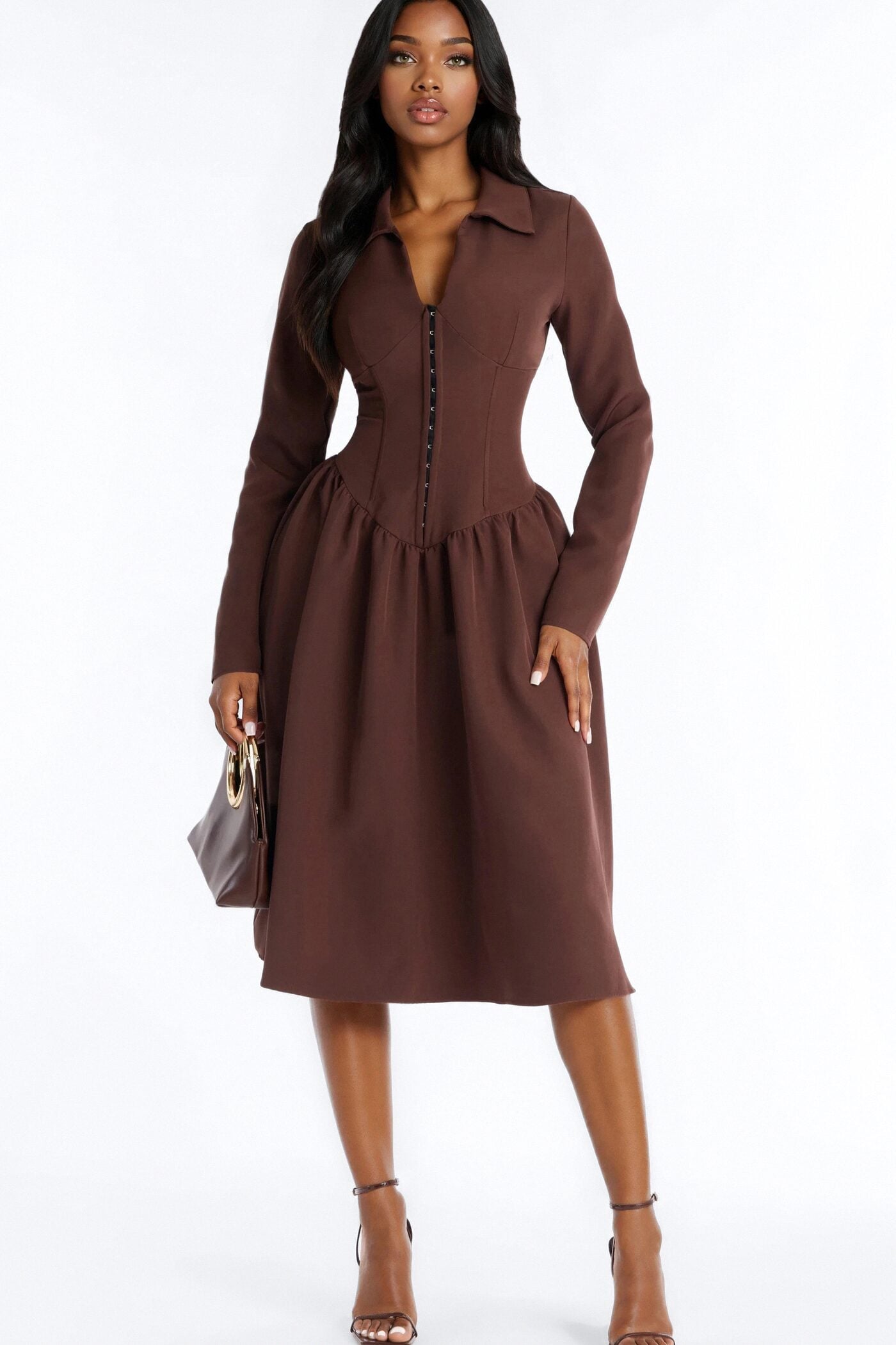 Paloma Corset Drop Waist Midi Dress - Brown image 1