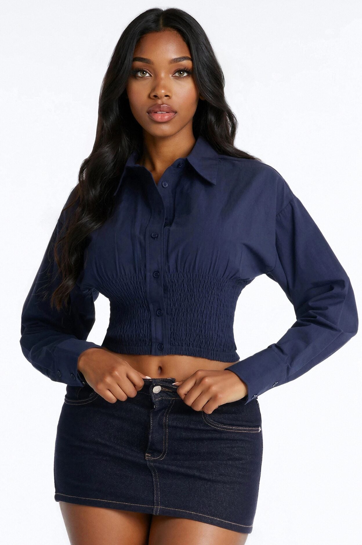 Better Perspective Smocked Poplin Shirt - Navy image 1