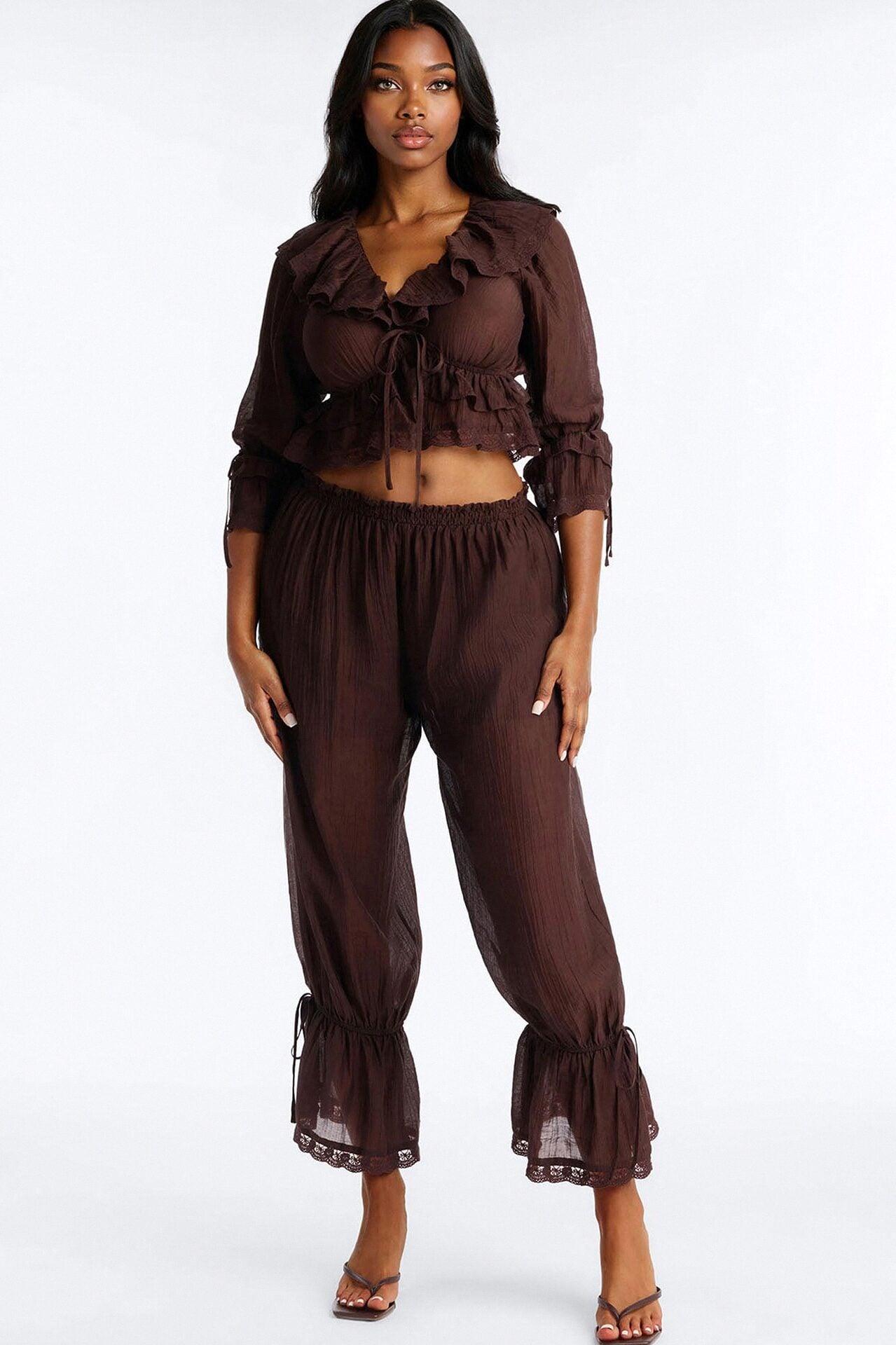 Hazel Ruffled Pant Set - Brown image 1
