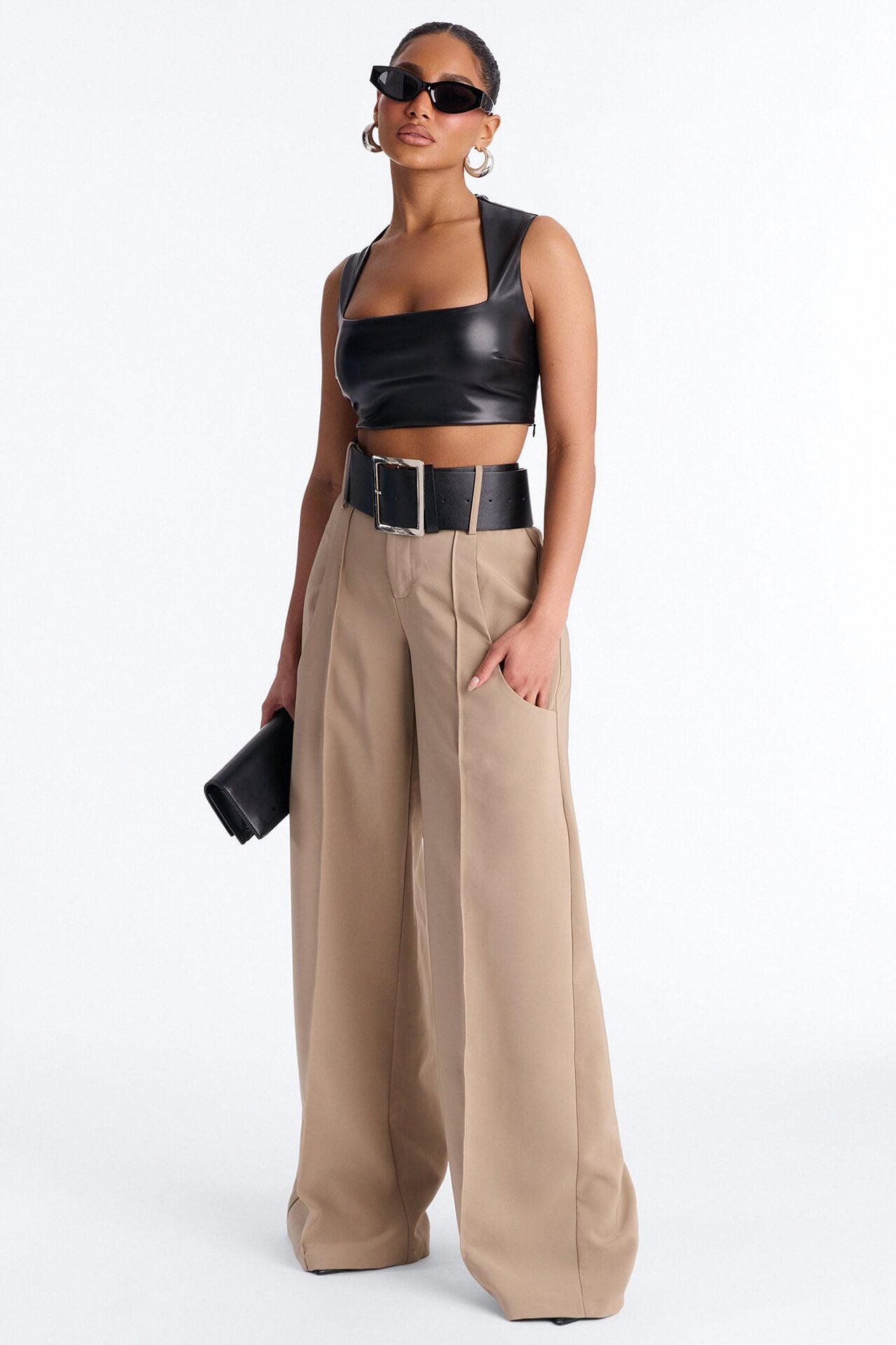 Ramona Pocket Detail Belted Wide Leg Pant 33″ - Khaki image 1