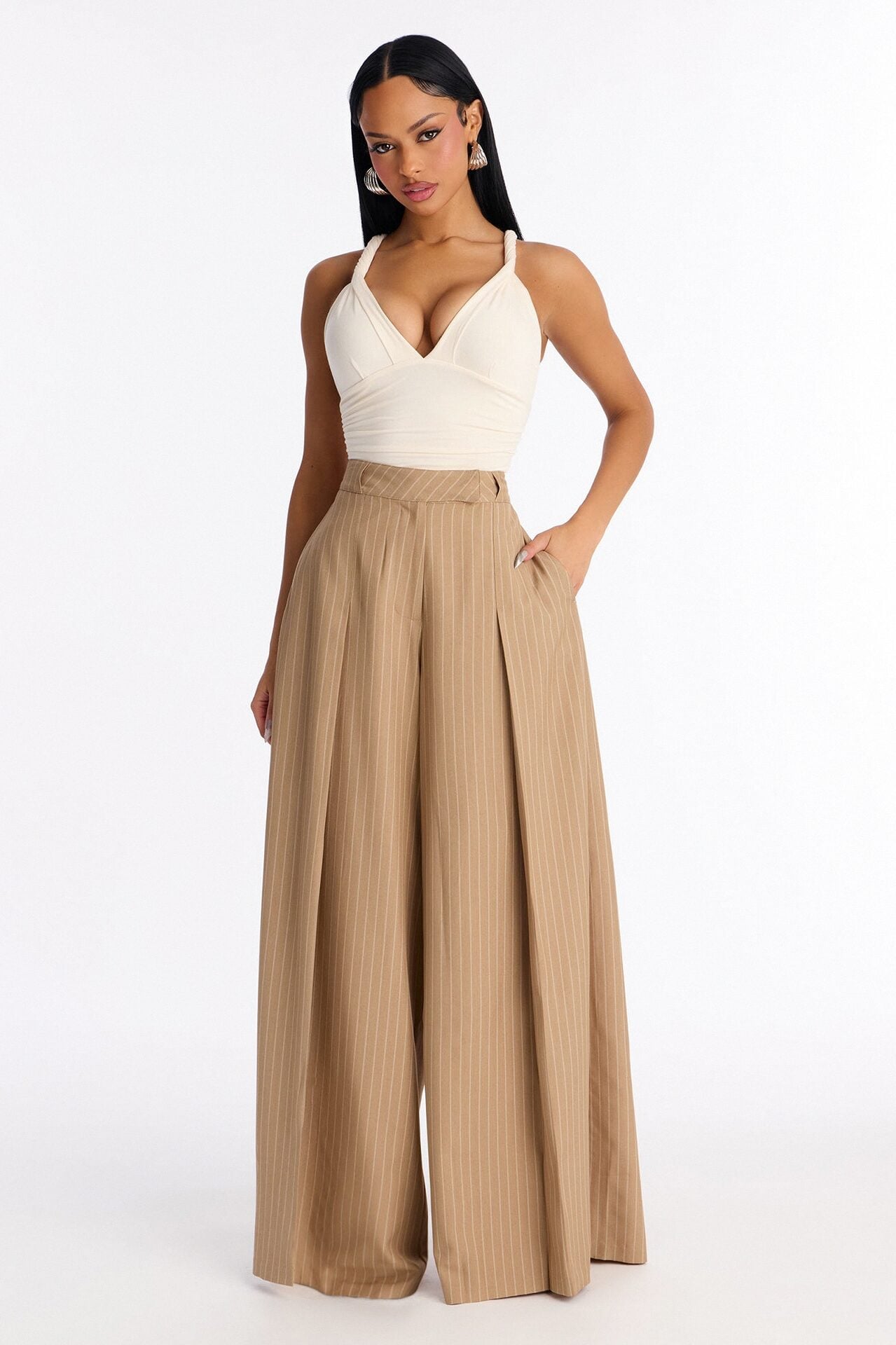 Catch A Break Pinstripe Wide Leg Pant 33″ - Taupe/combo image 1