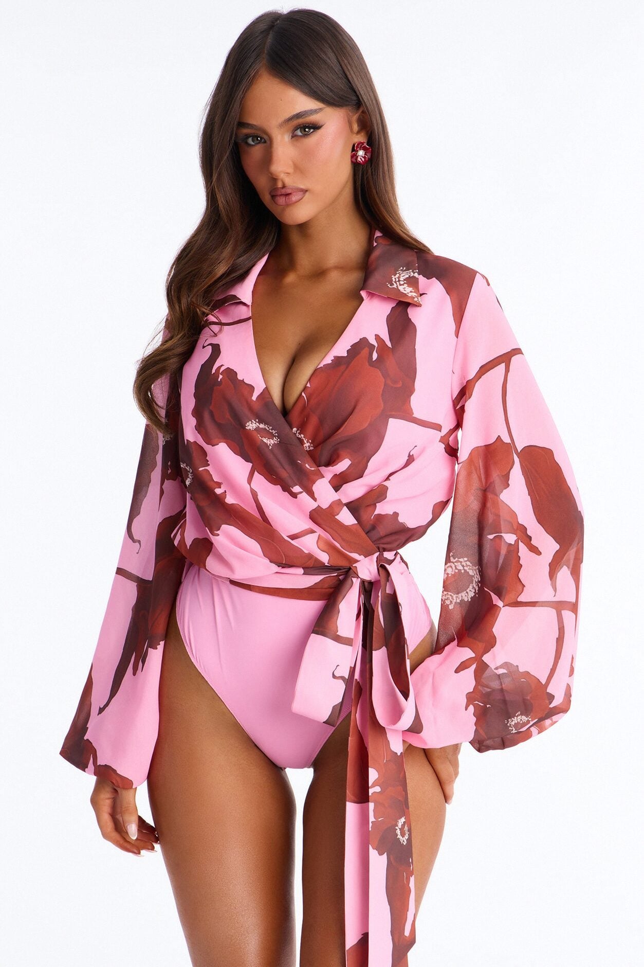 Fresh Cut Florals Tie Waist Chiffon Bodysuit - Pink/combo image 1