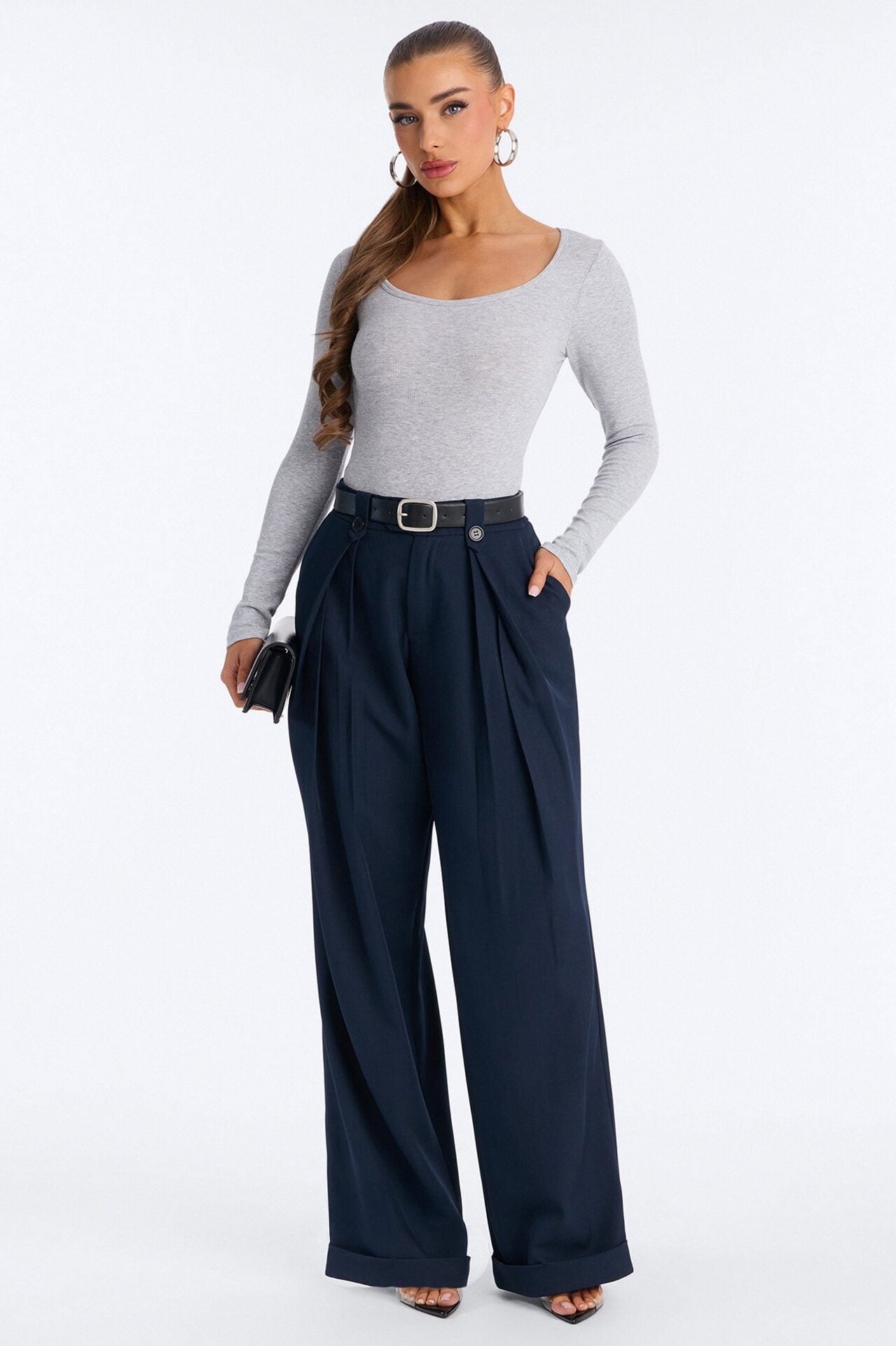 Brooklyn Mid Rise Belted Wide Leg Trouser Pant 33″ - Navy image 1