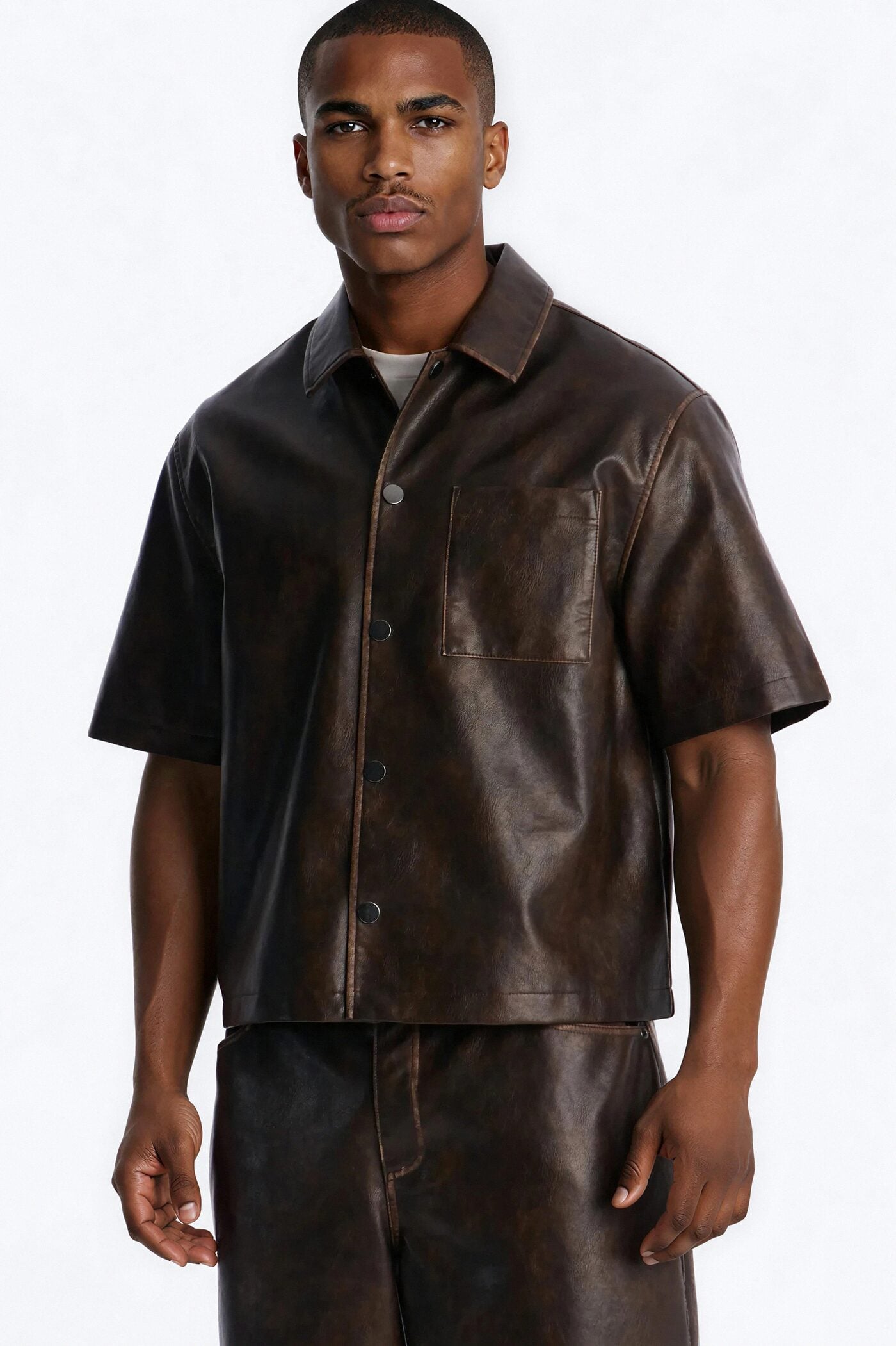 Cropped Relaxed Fordham Front Faux Leather Button Up Shirt - Brown image 1