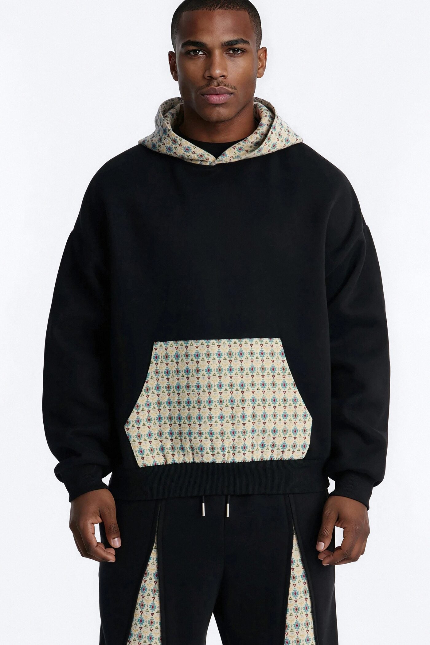 Oversized Mixed Media Tapestry Paneled Hoodie - Black image 1