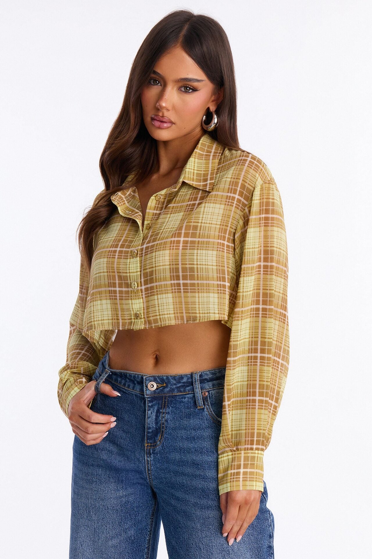 Tropic Oasis Plaid Chiffon Cropped Shirt - Yellow/combo image 1