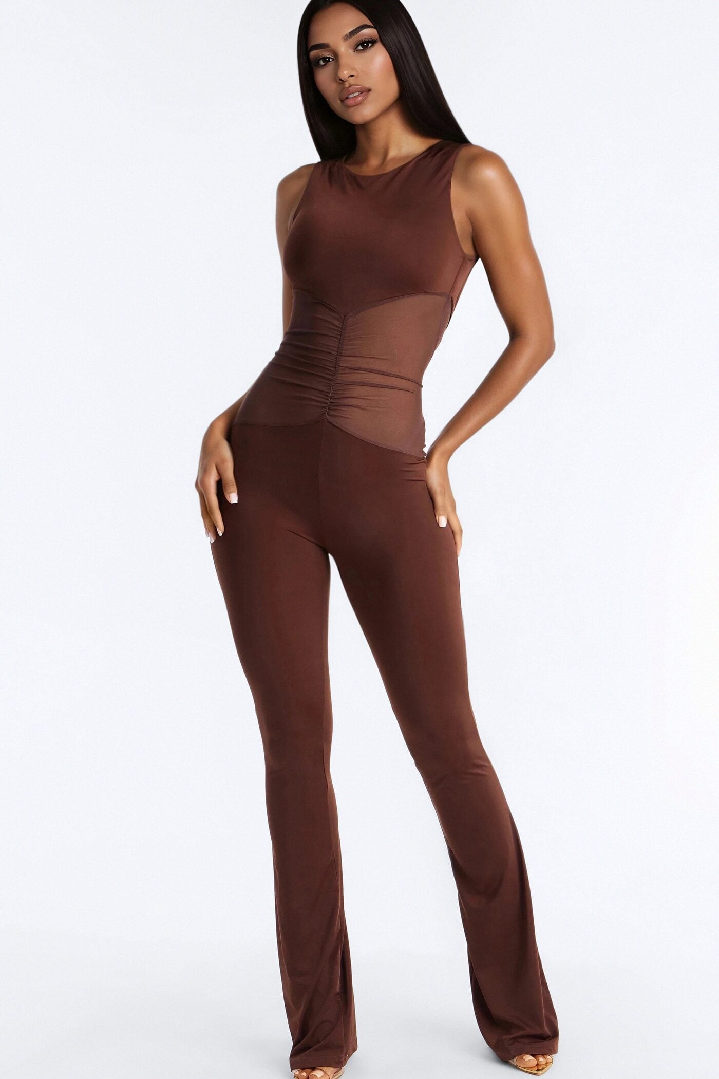 Rosina Ruched High Neck Flare Leg Jumpsuit - Chocolate image 1
