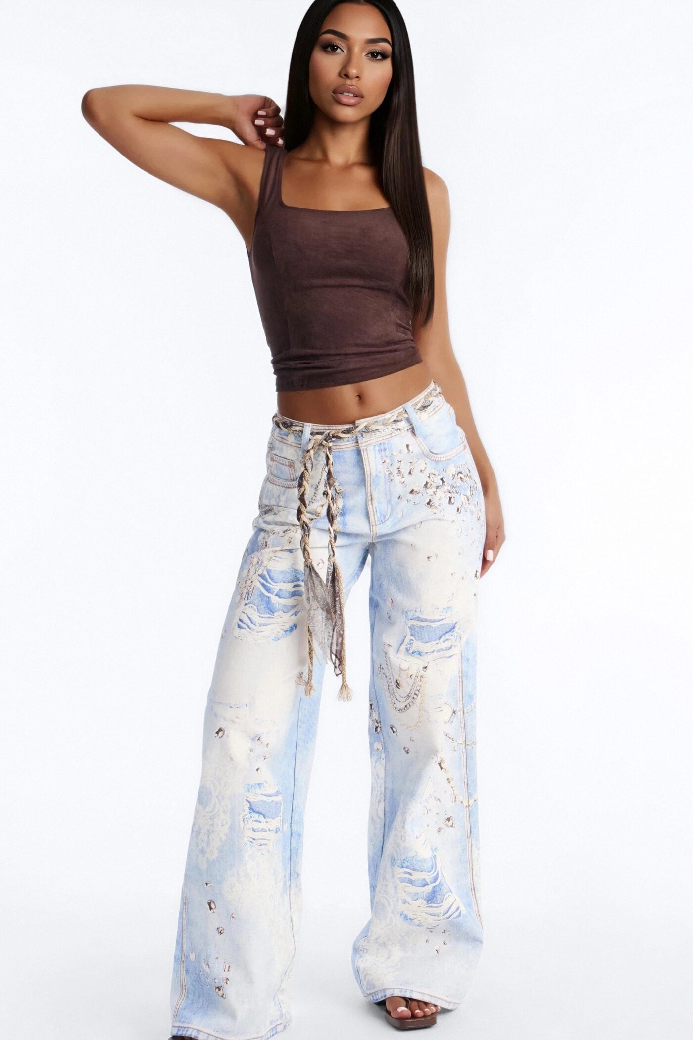 Marlowe Mid Rise Belted Wide Leg Pant 34″ - Blue/combo image 1