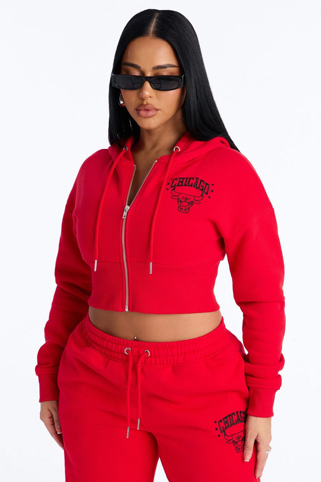 NBA Chicago Bulls Cropped Fleece Full Zip Hoodie - Red image 1