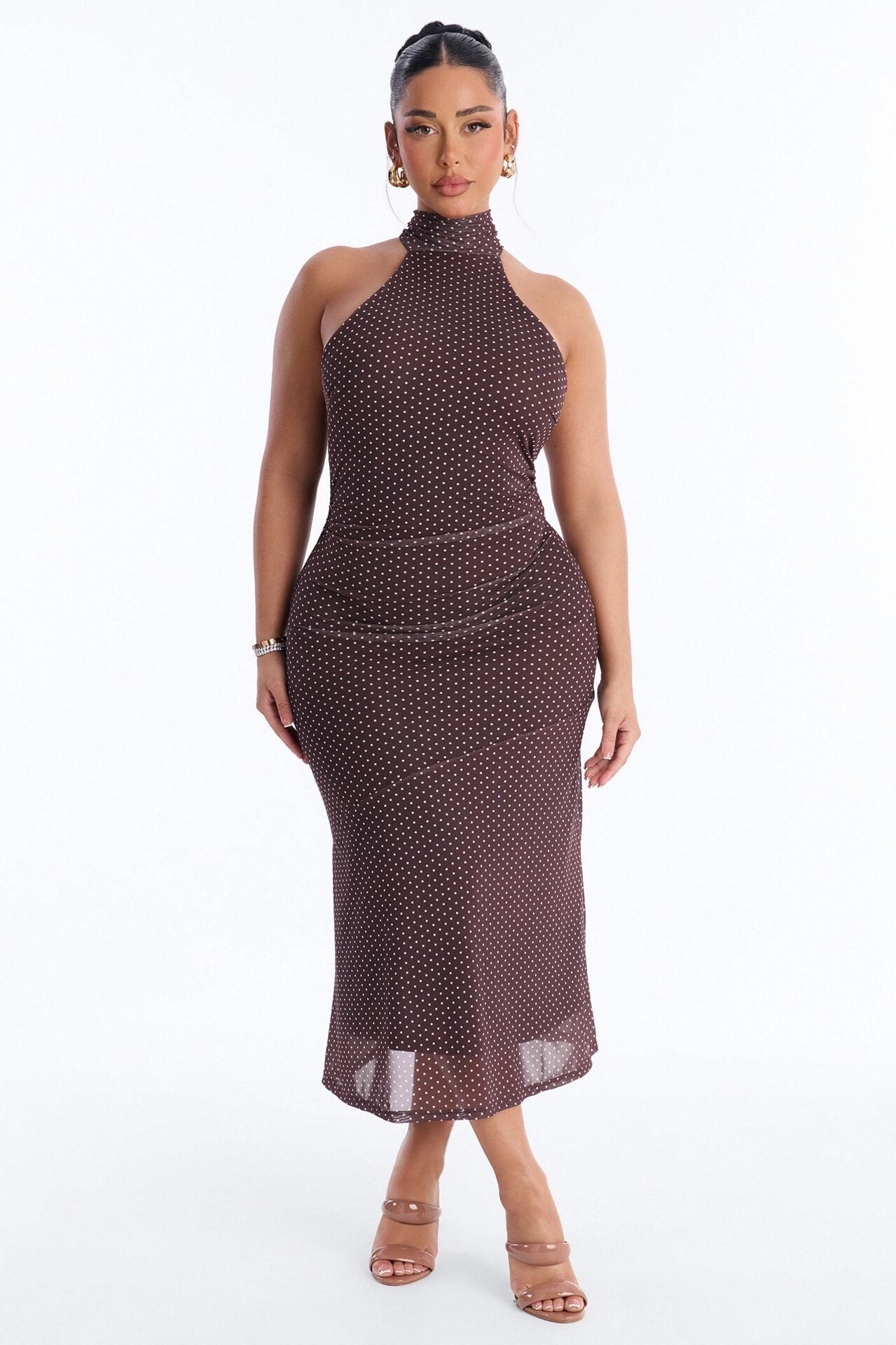 Tessa Polka Dot Mesh Midi Dress - Brown/combo image 1