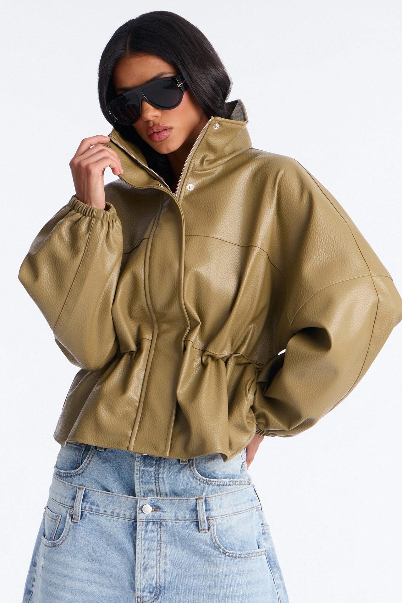 Effortless Funnel Neck Faux Leather Anorak - Olive image 1