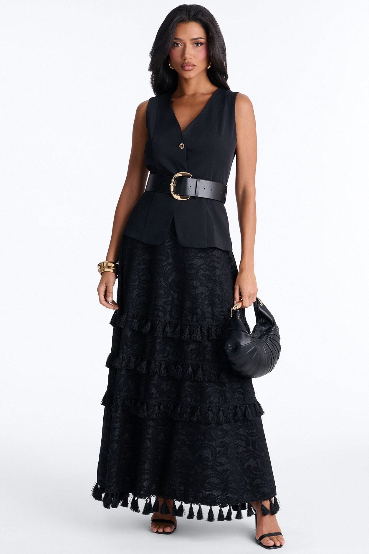 Inez Fringe Trim Belted Maxi Skirt Set - Black image 1