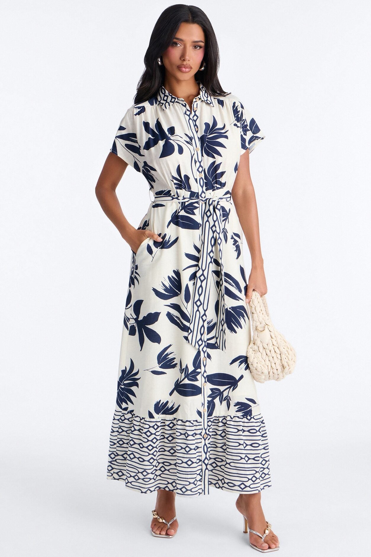 Mable Collared Linen Maxi Dress - Navy/combo image 1