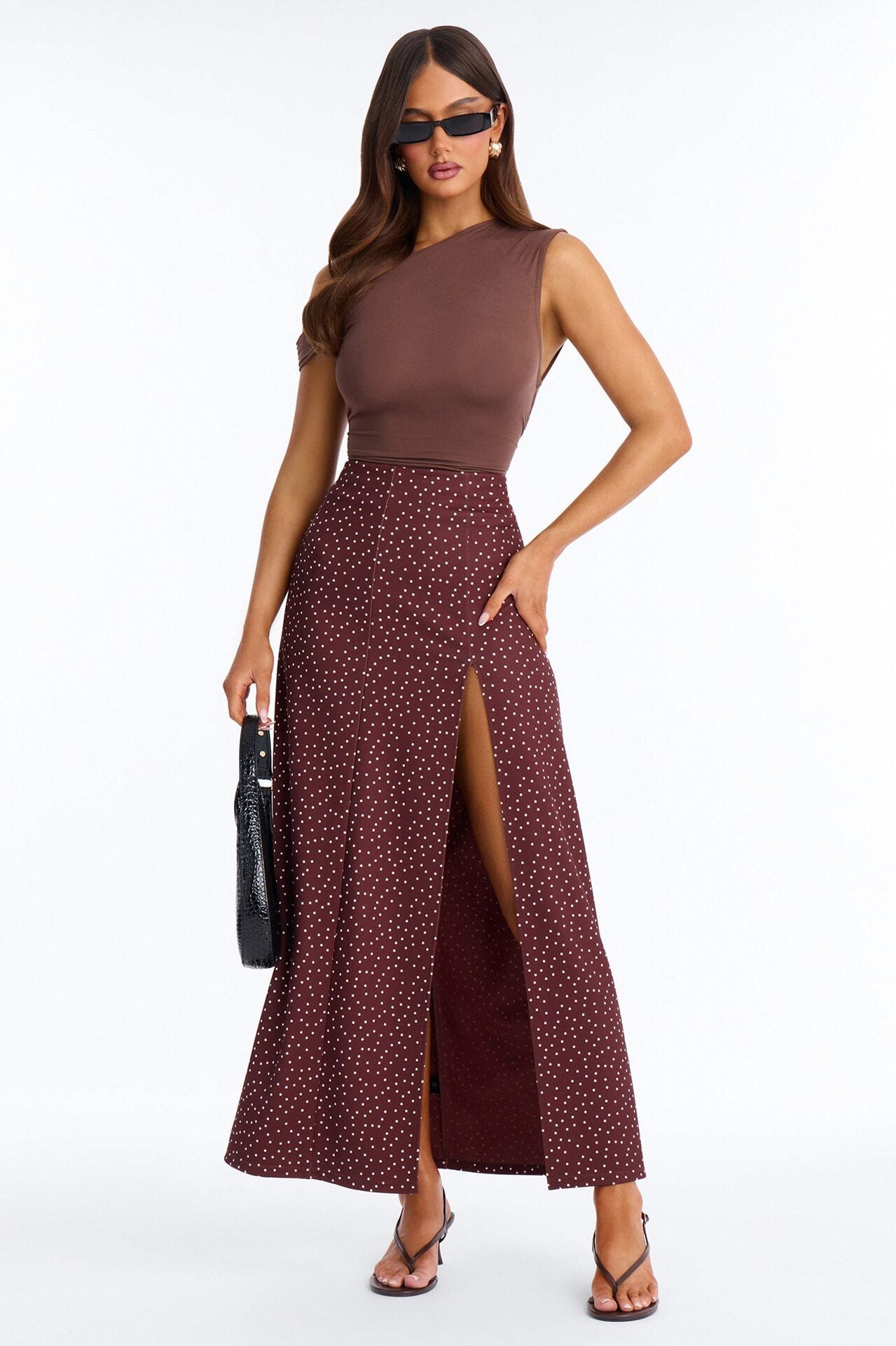 Dani Polka Dot High Slit Ankle Maxi - Chocolate image 1