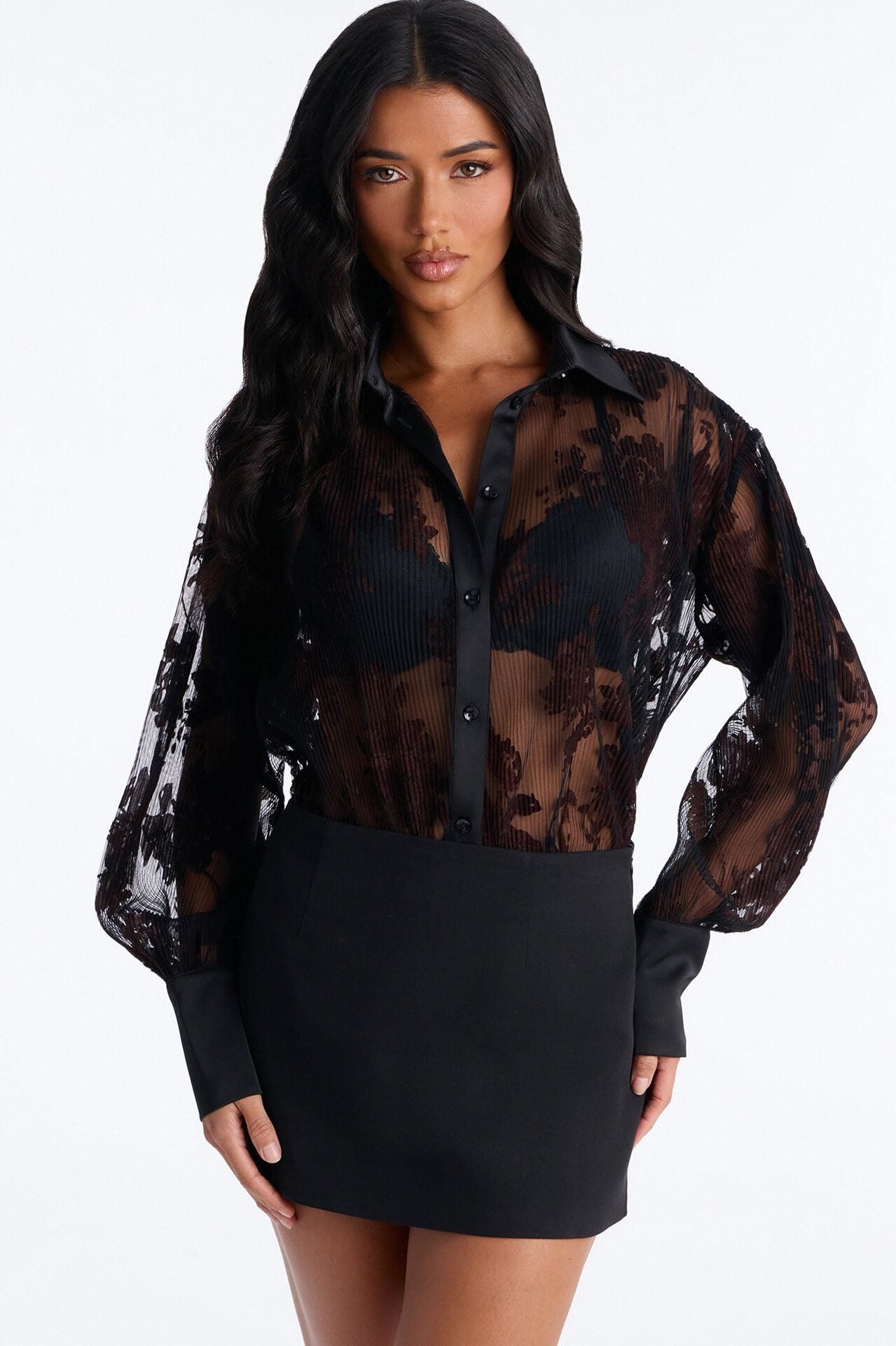 Autumn Velvet Floral Mesh Shirt - Black/combo image 1