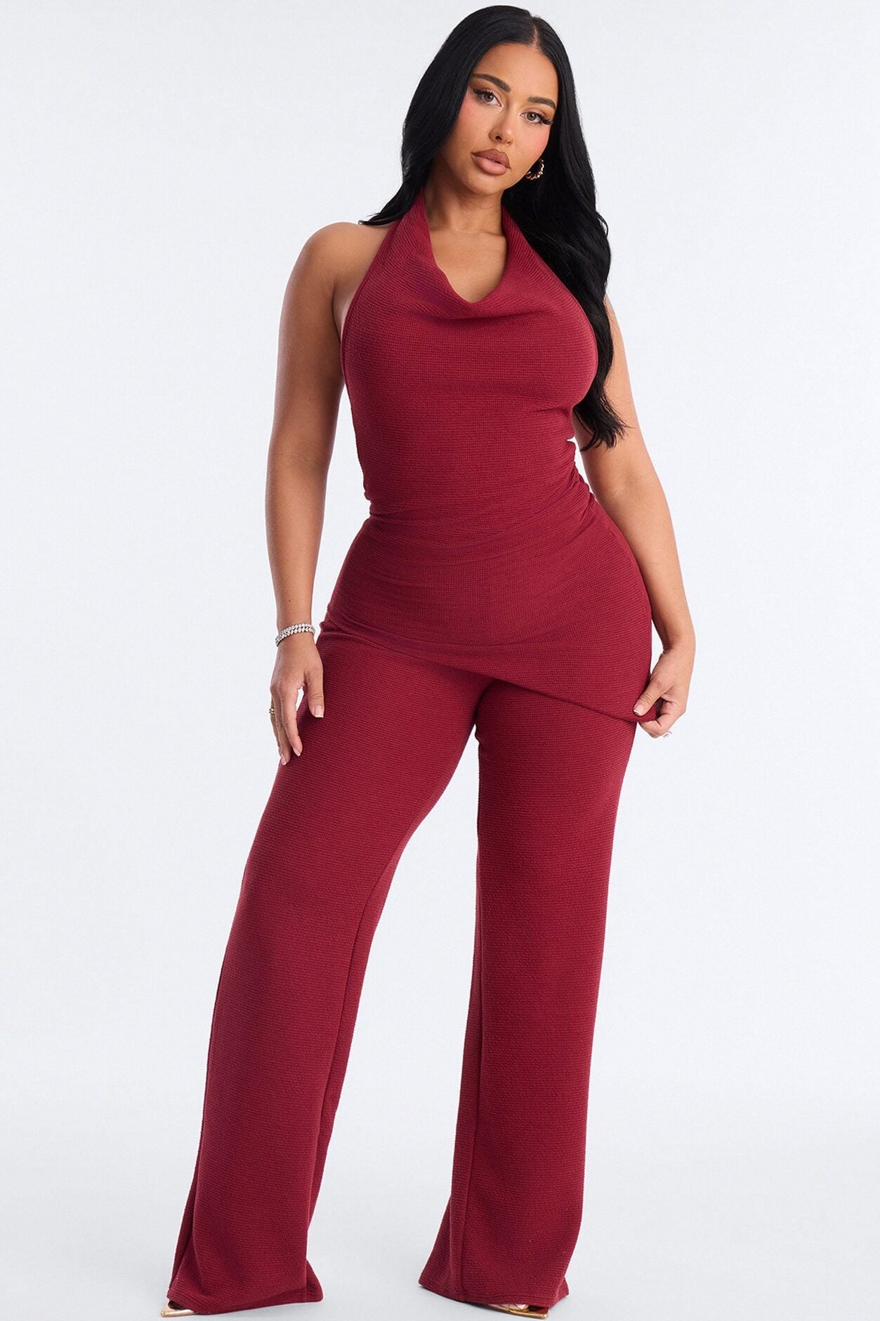 Amaya Asymmetrical Halter Pant Set - Wine image 1