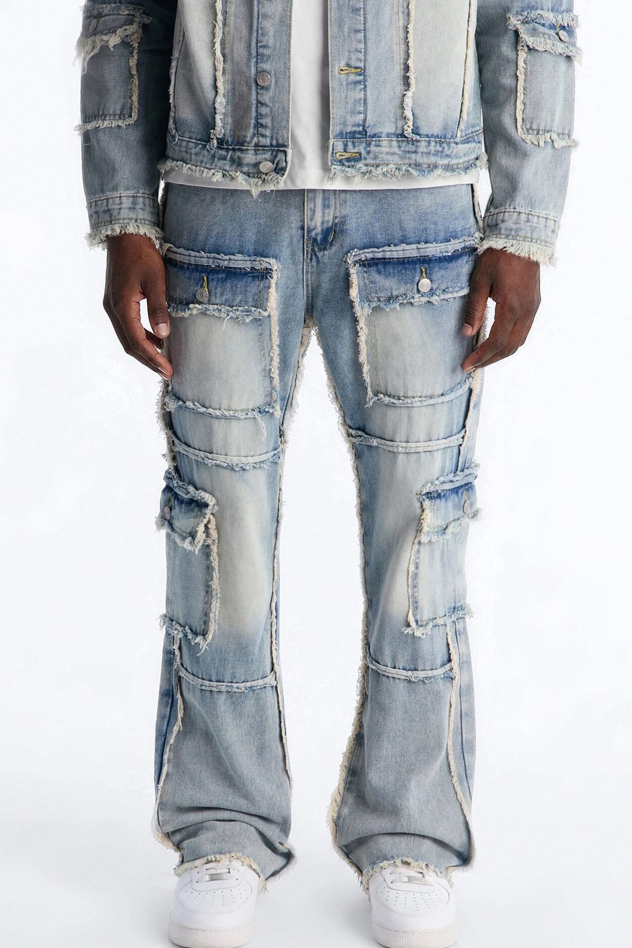 Straight Flare Tattered Cargo Jean - Light Wash image 1
