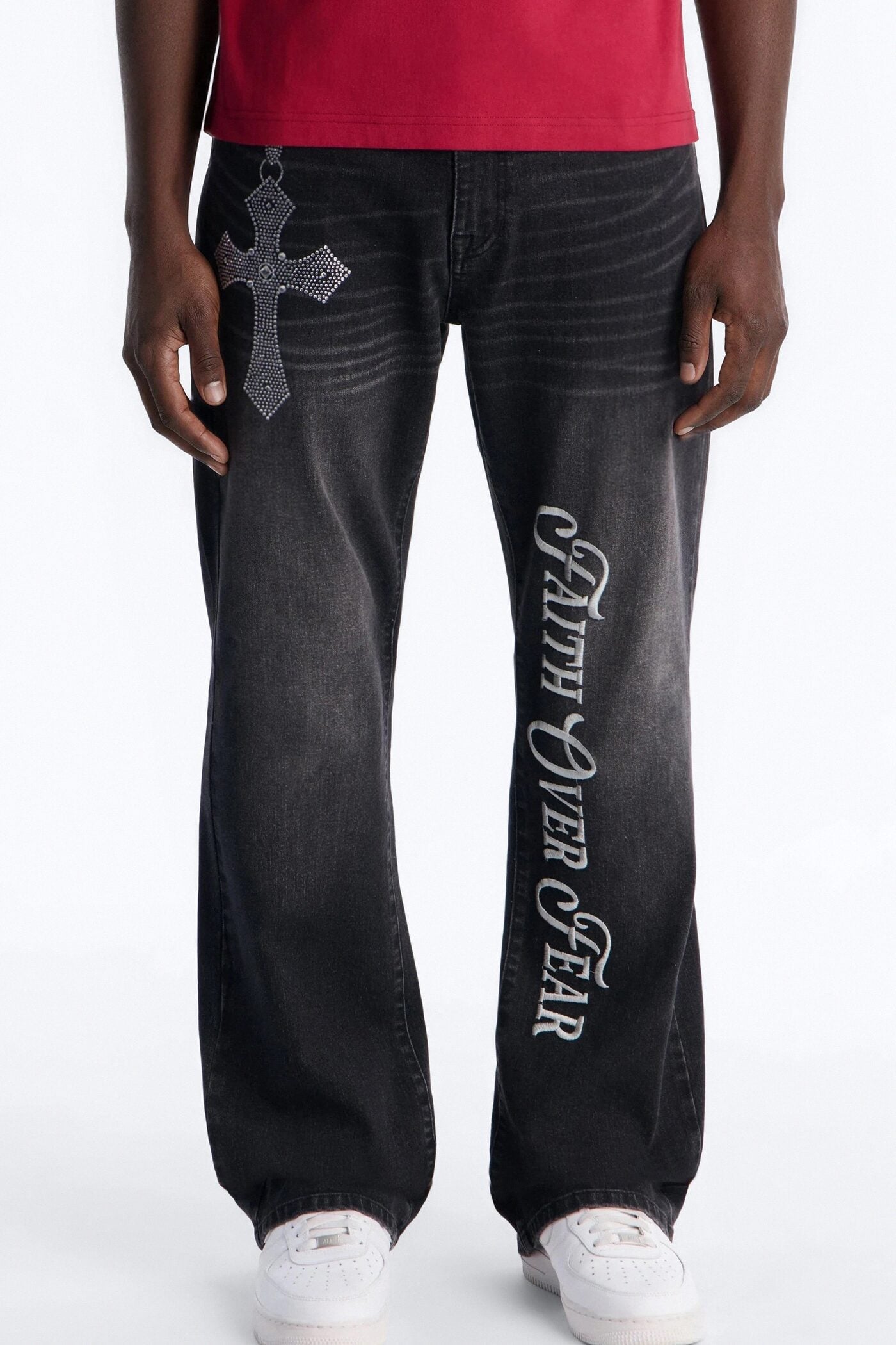 Stacked Slim Flare Faith Over Fear Drip Jean - Black Wash image 1