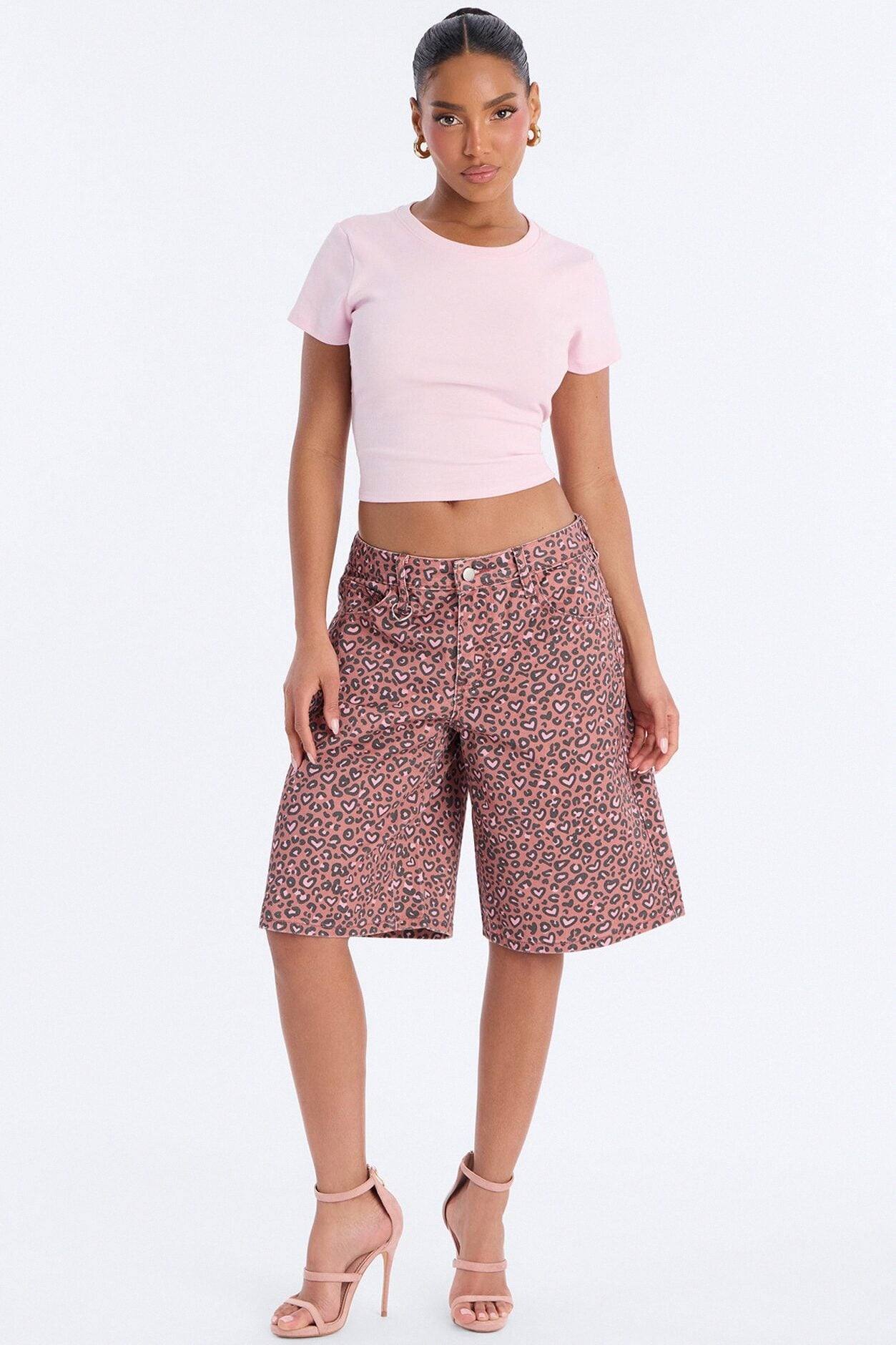 Wild At Heart Cheetah Print Denim Jorts - Pink/combo image 1