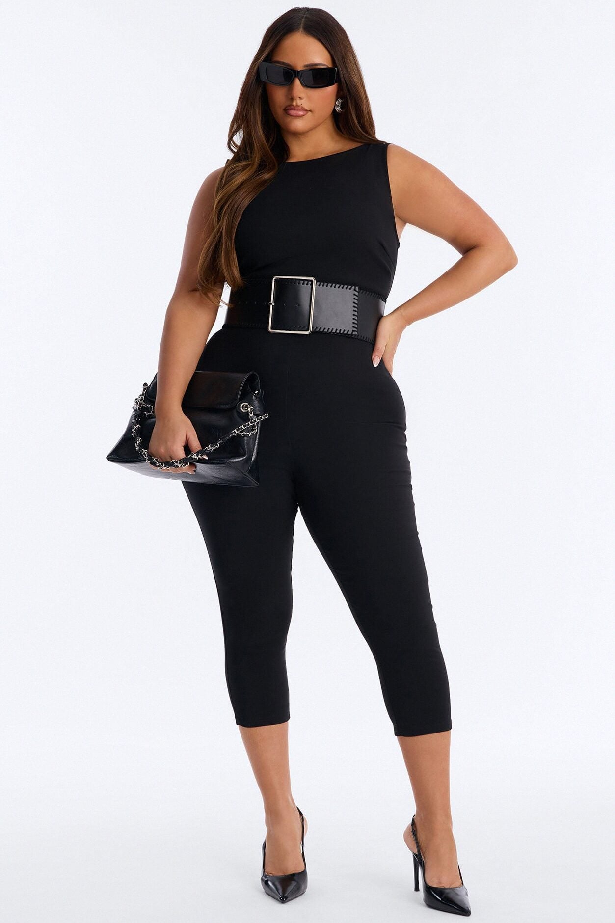Amaya Boat Neck Belted Capri Jumpsuit - Black image 1