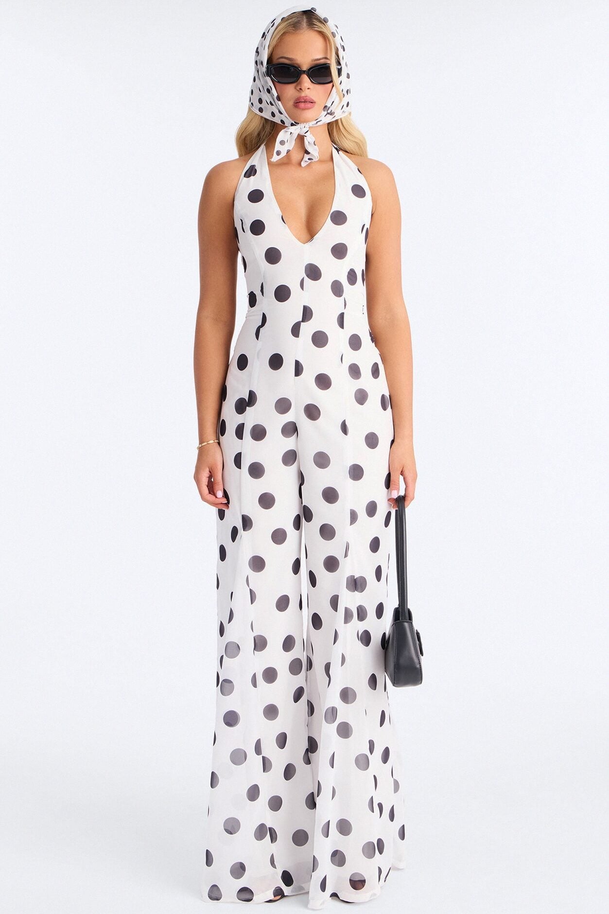 Bella Polka Dot Chiffon Headscarf And Jumpsuit - White/Black image 1