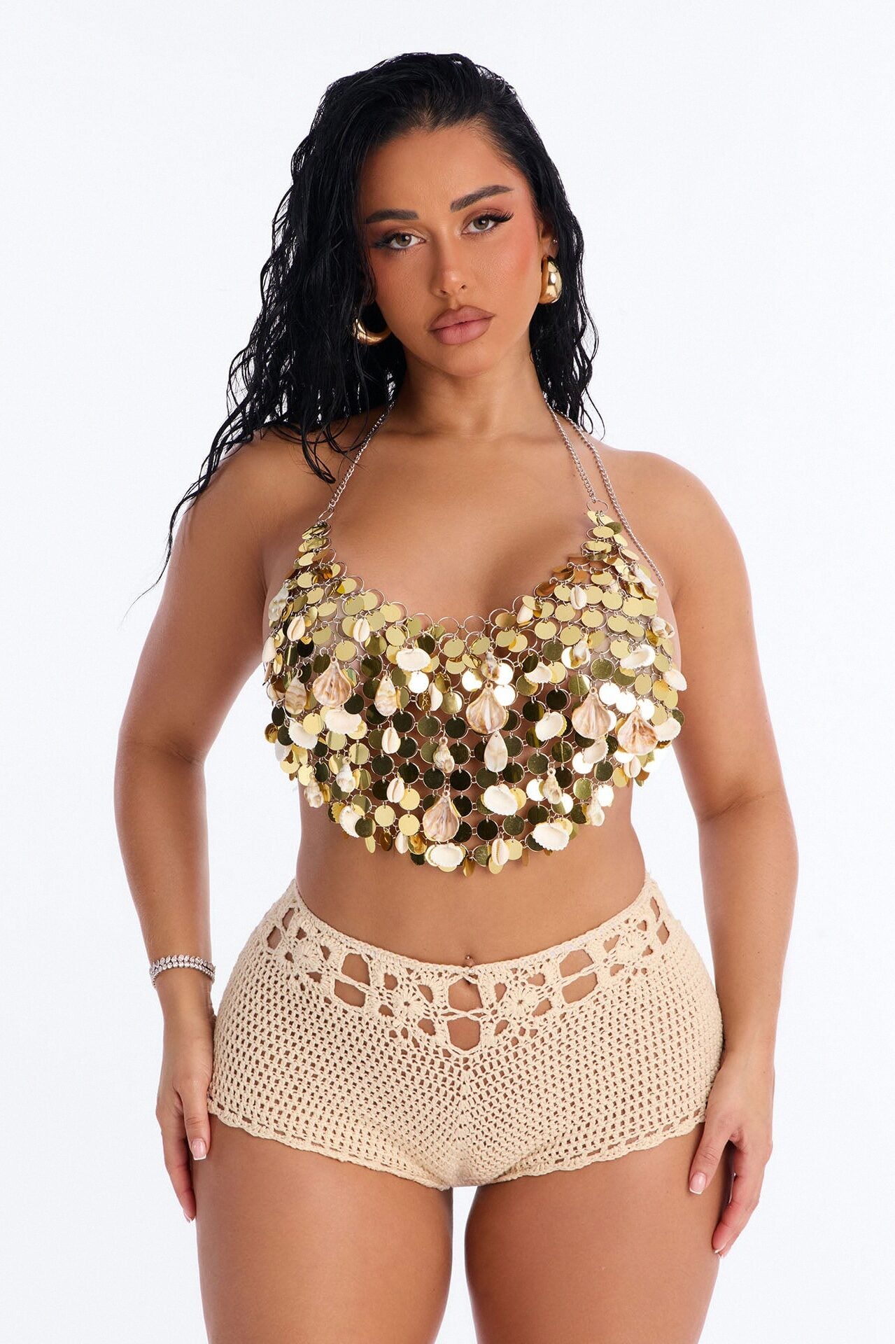 Warm Sunrise Crochet Mini Swim Cover Up Short - Tan image 1