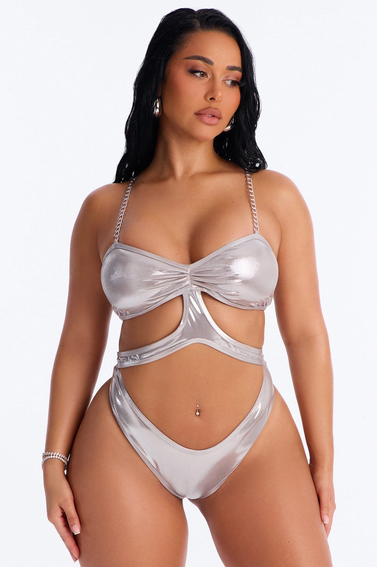 Ocean Breeze Metallic Cut Out 1 Piece Swimsuit - Silver image 1