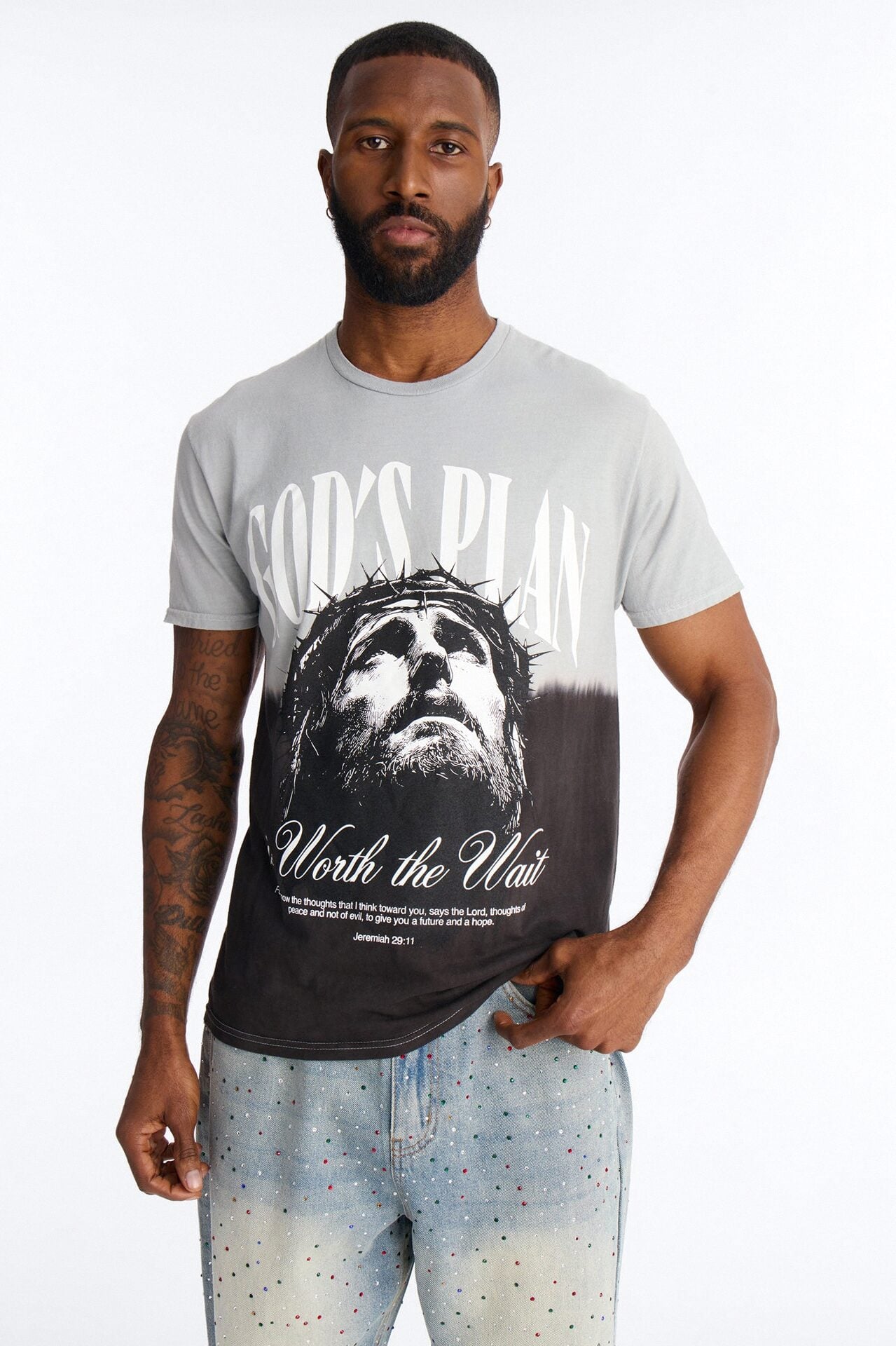 God's Plan Dip-Dye Graphic Short Sleeve Tee - Grey/Black image 1