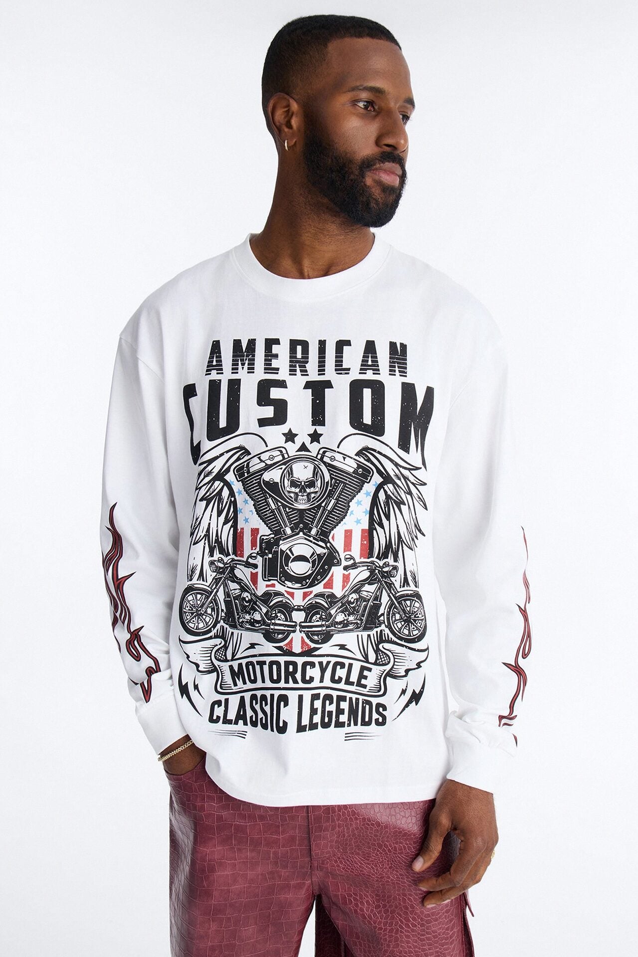 American Custom Motorcycle Oversized Long Sleeve Tee - White image 1