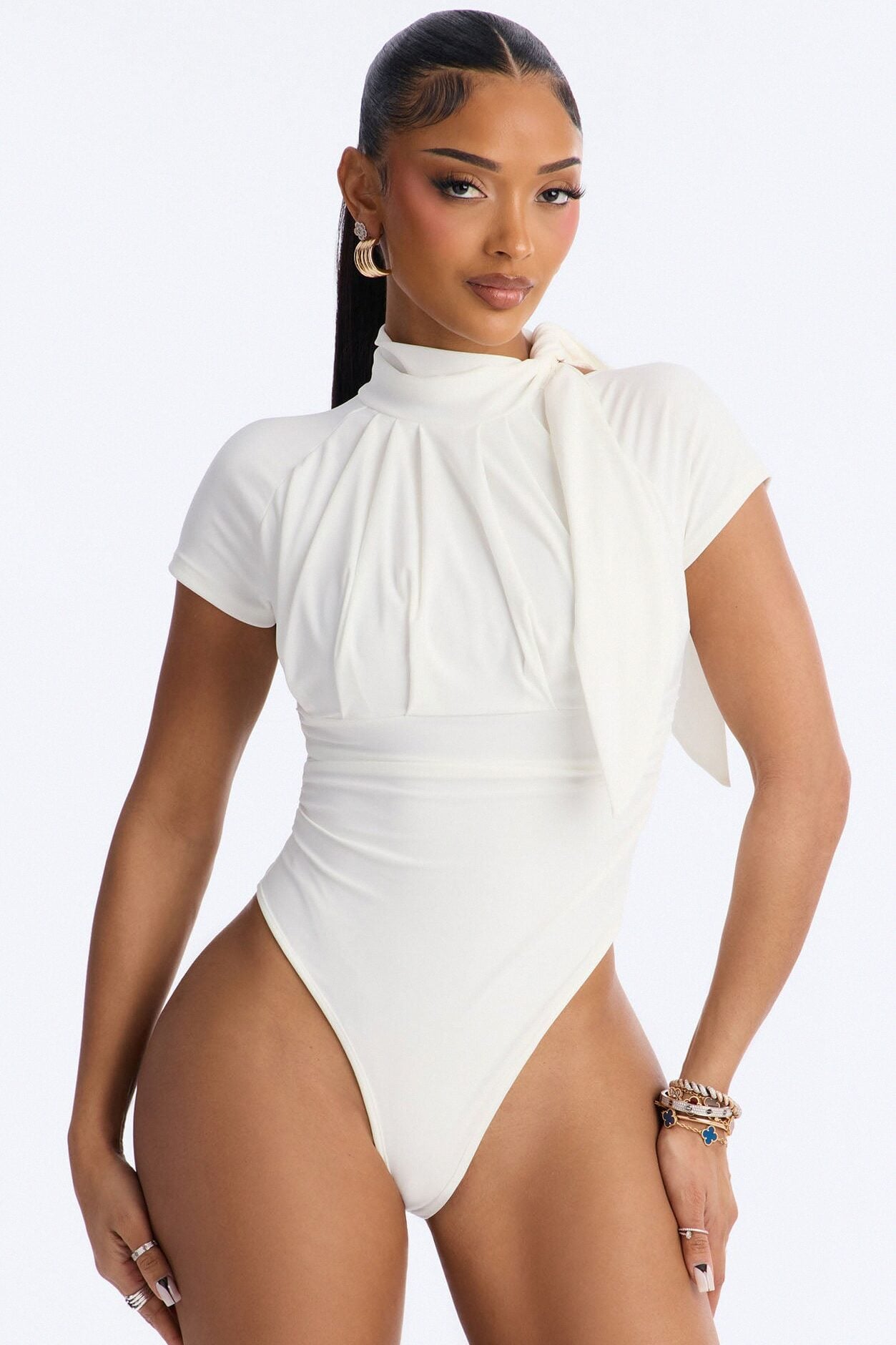City Dreams Tie Neck Bodysuit - White image 1