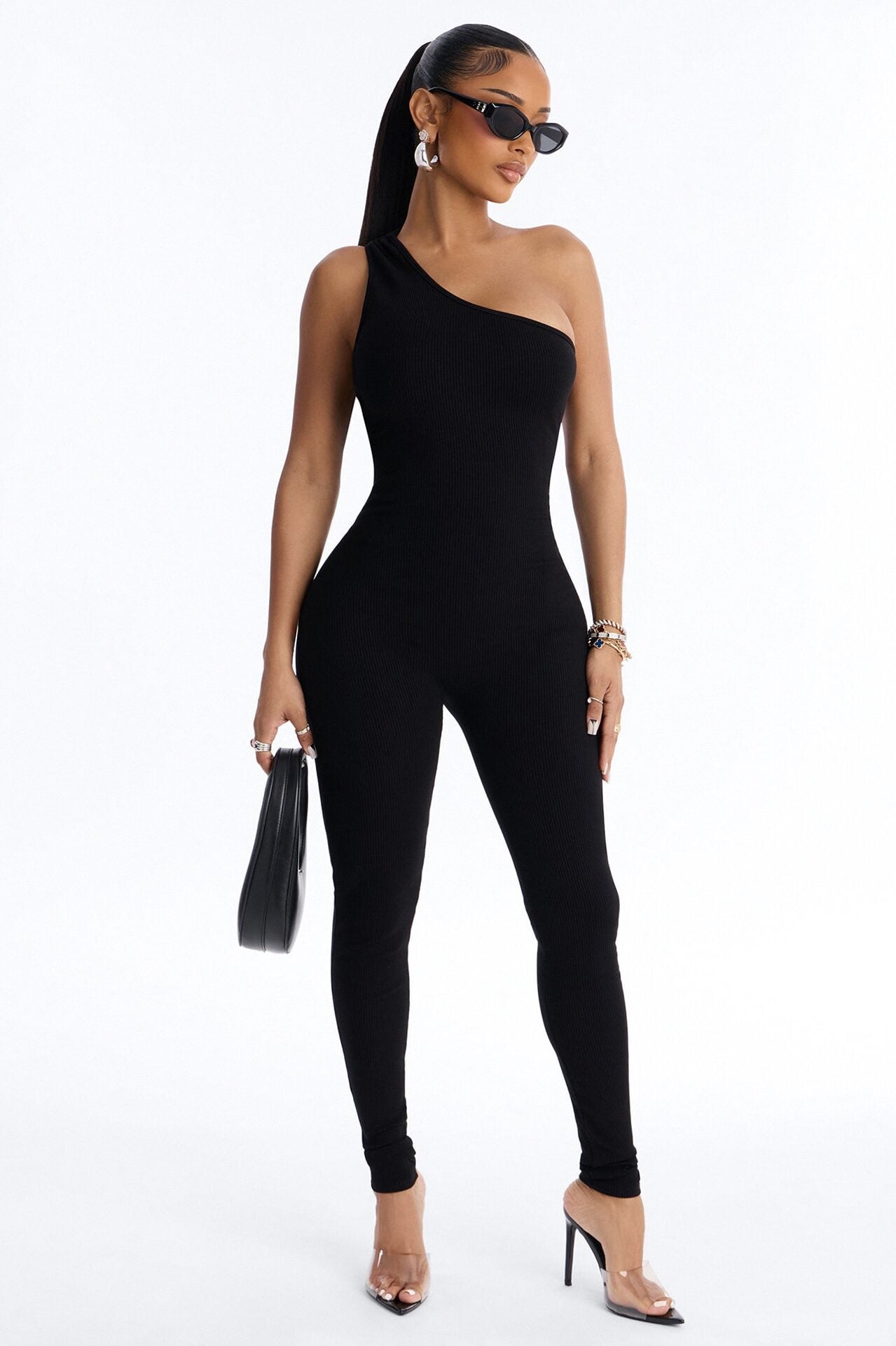 Bianca One Shoulder Snatched Skinny Jumpsuit - Black image 1