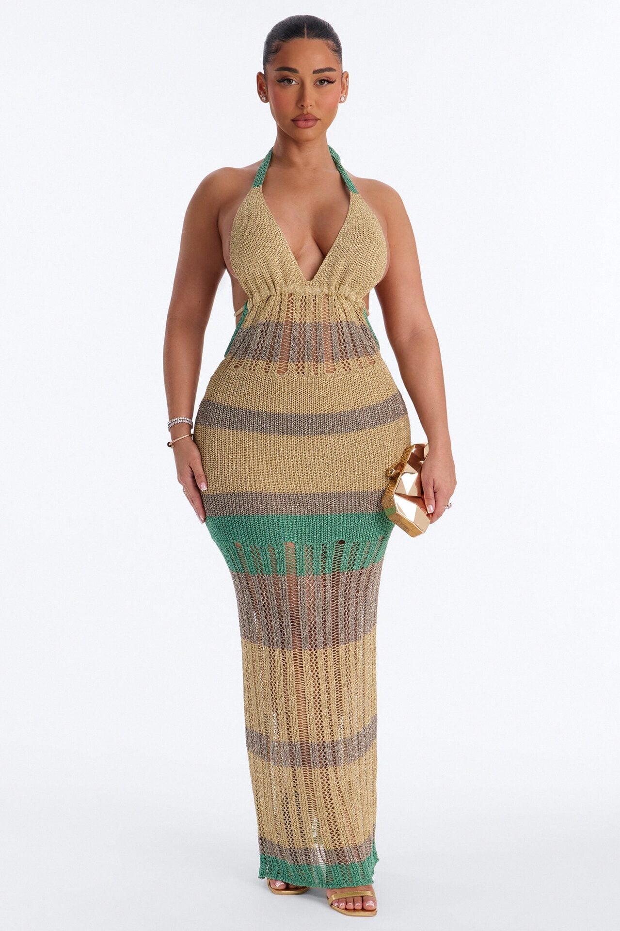 Ocean Goddess Metallic Crochet Maxi Dress - Gold/combo image 1