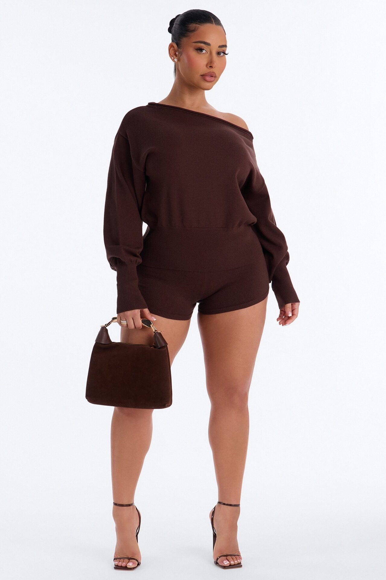 Stephanie Off Shoulder Sweater Micro Short Set - Chocolate image 1