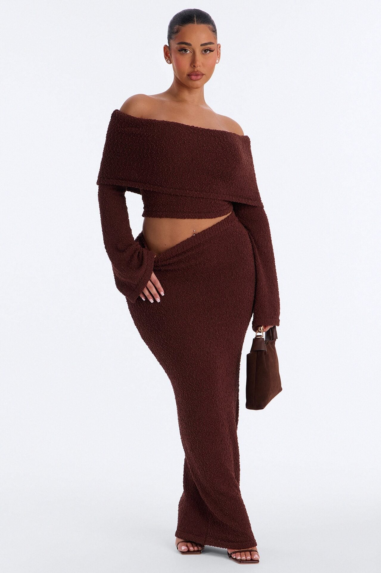 Double Date Off Shoulder Sweater Maxi Skirt Set - Chocolate image 1