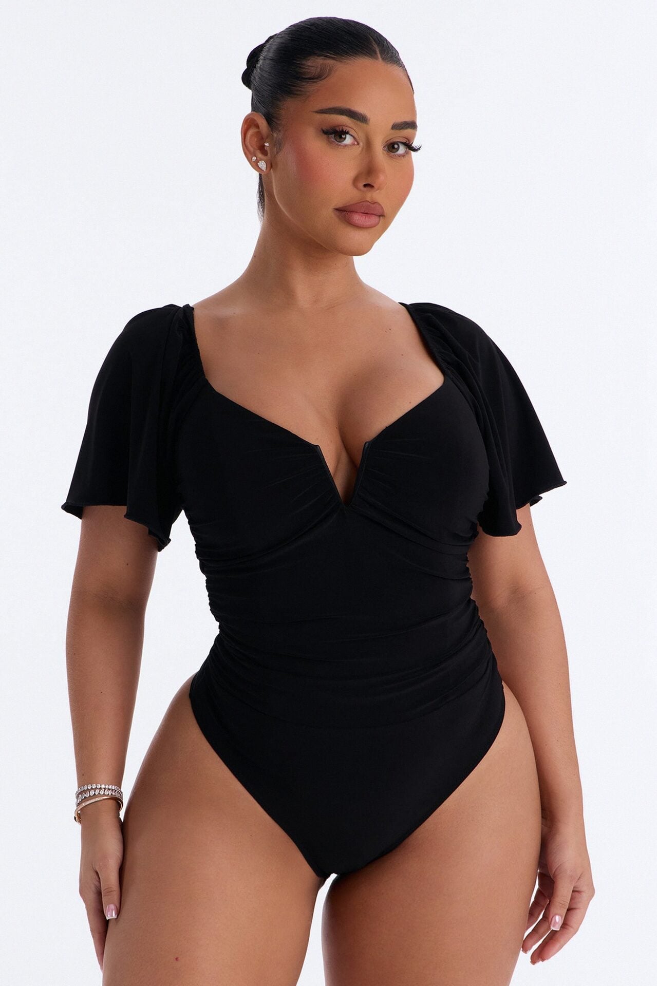 Kayali Ruched Short Sleeve Bodysuit - Black image 1