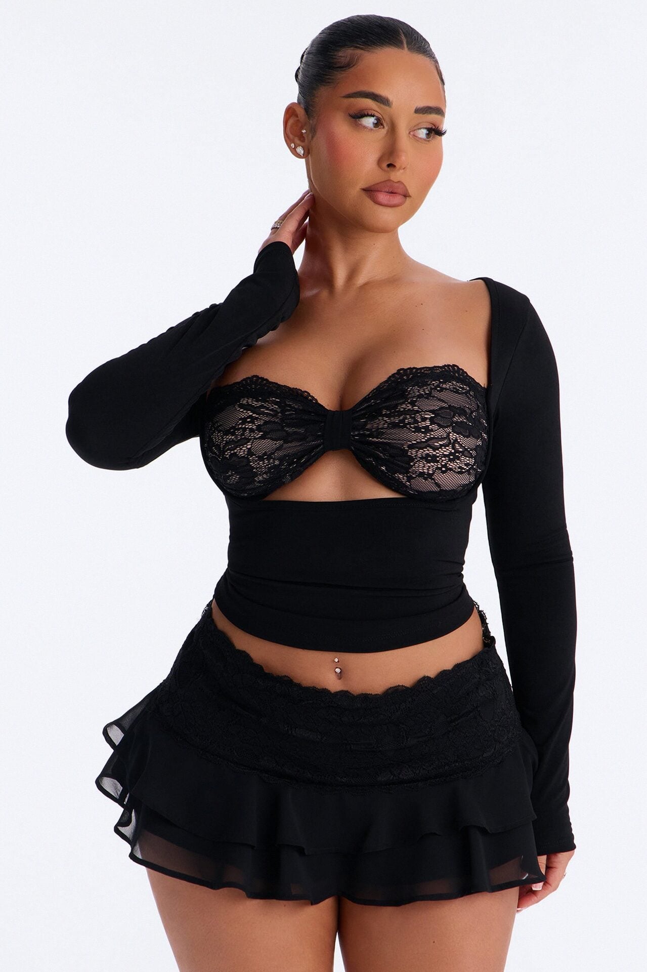 Sophie Lace Cut Out Long Sleeve Top - Black image 1