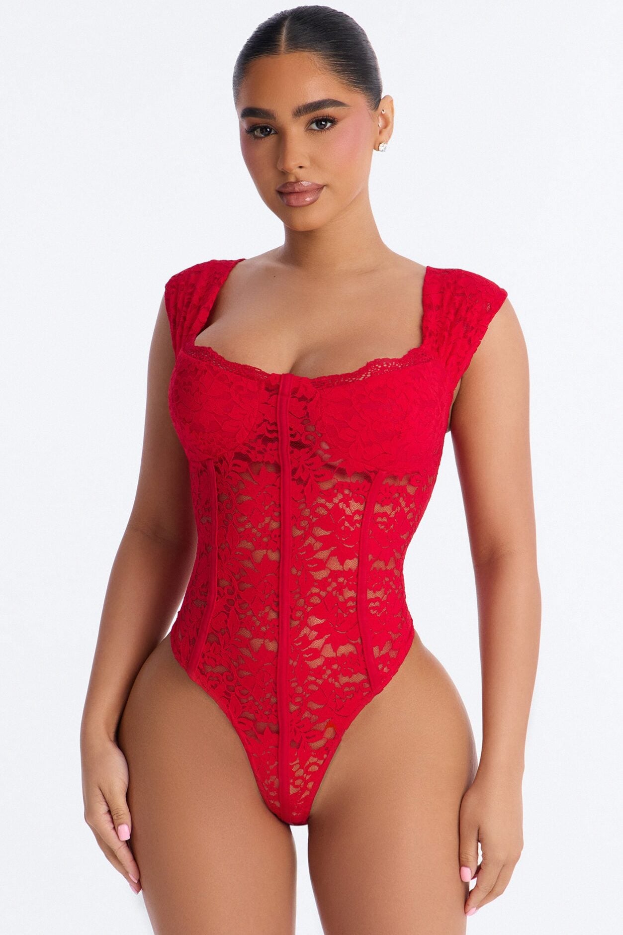 Maria Sheer Lace Short Sleeve Bodysuit - Red image 1